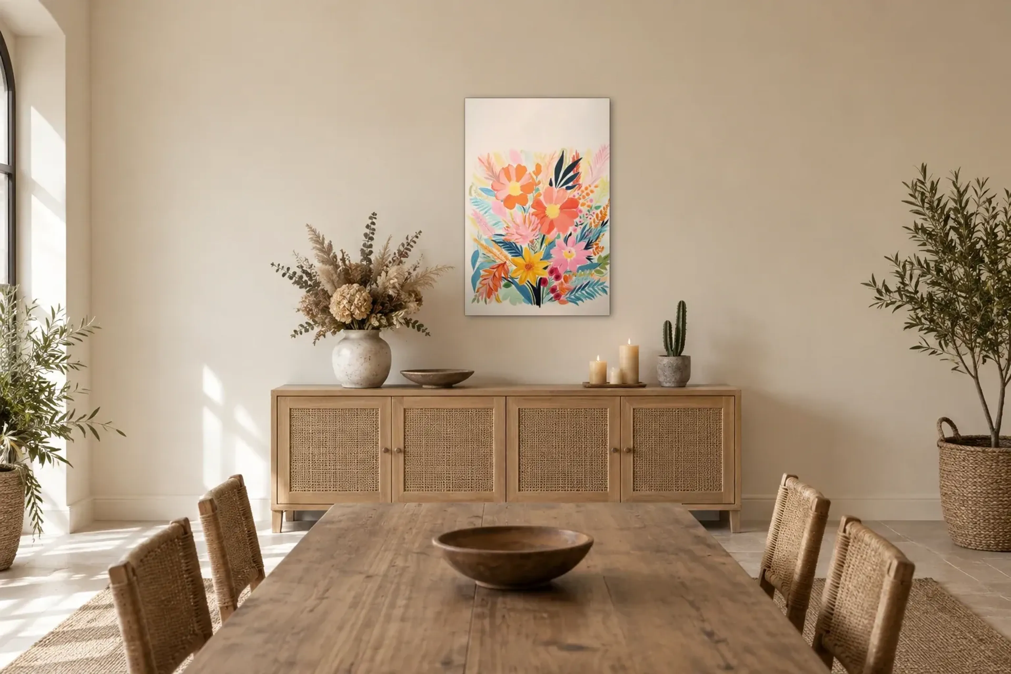 Blüten in Sommerfarben als Wandbild über einem 160-cm-Sideboard