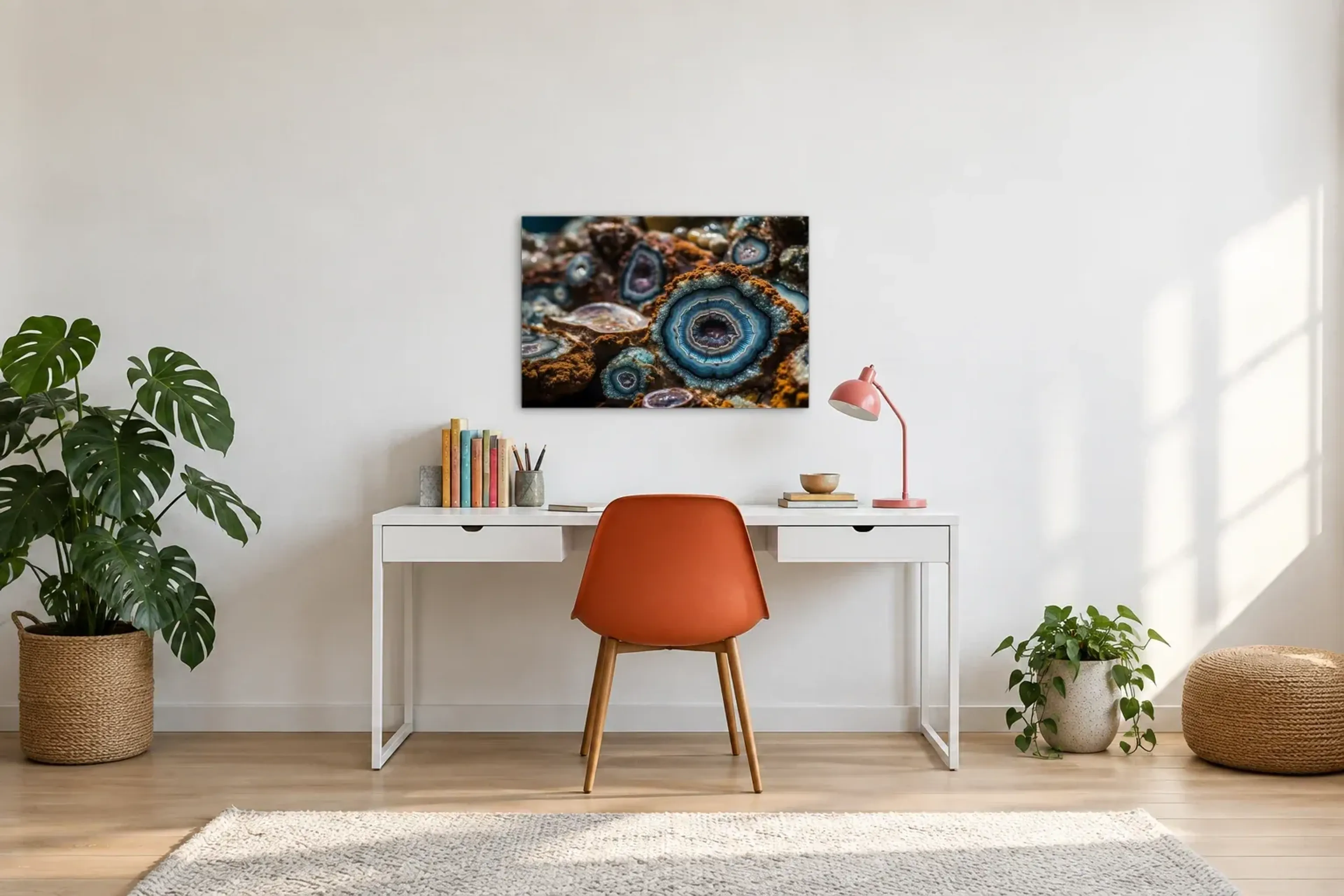 Blaue Kristallringe als Wandbild über einem 140-cm-Schreibtisch