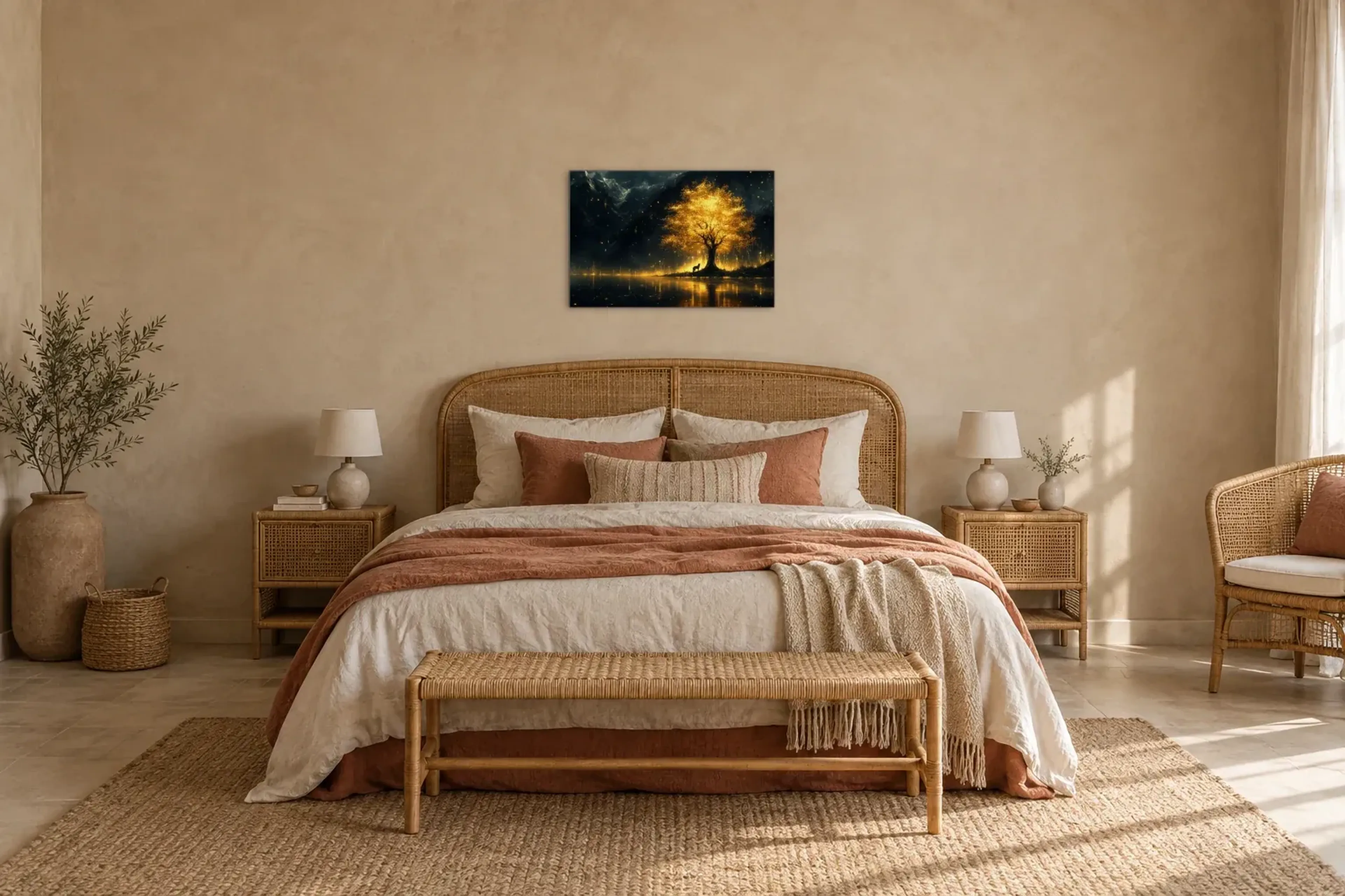 Wolfsbaum als Wandbild über einem 180-cm-Bett