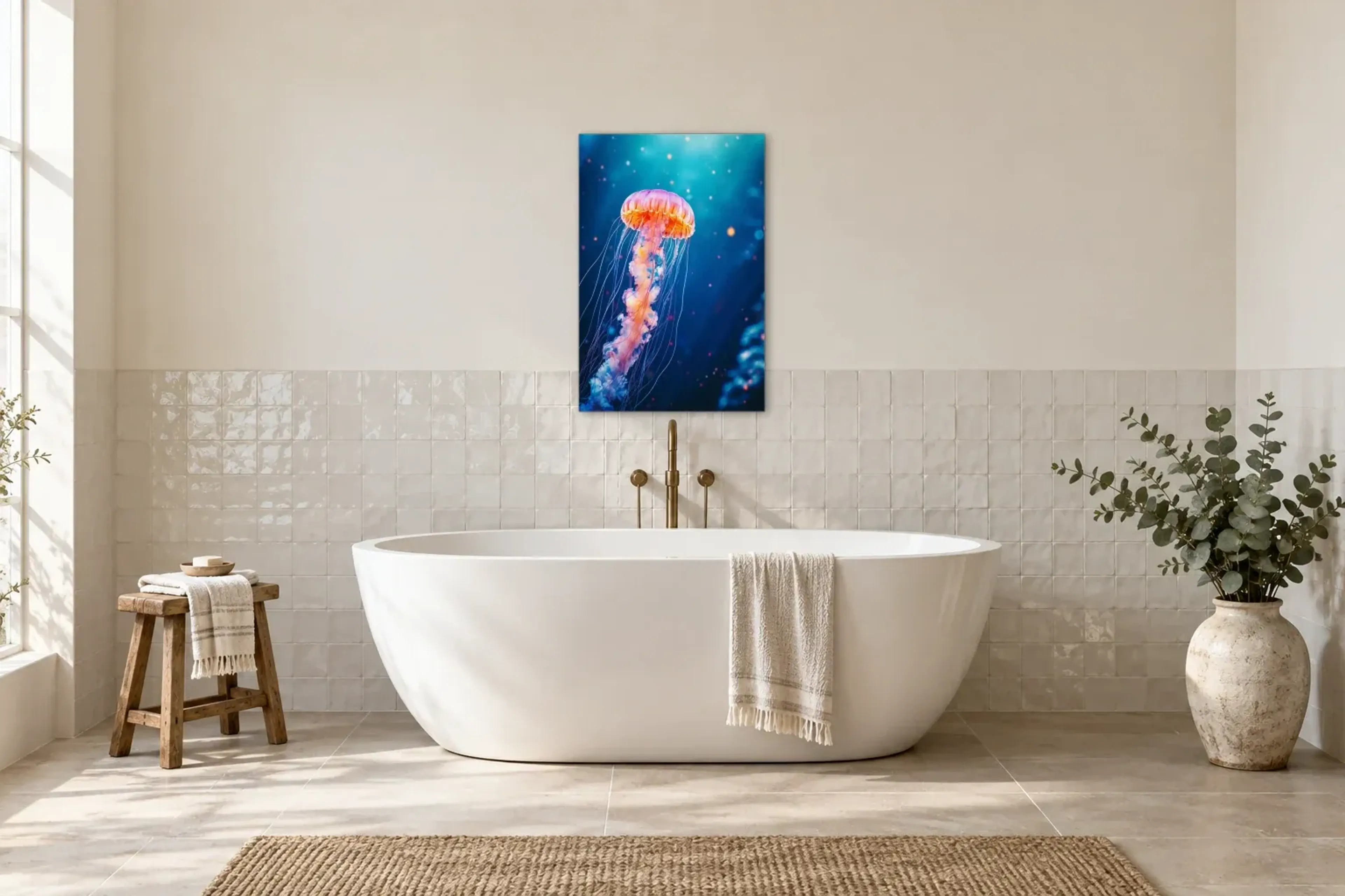 Orange Qualle als Wandbild über einer 170-cm-Badewanne