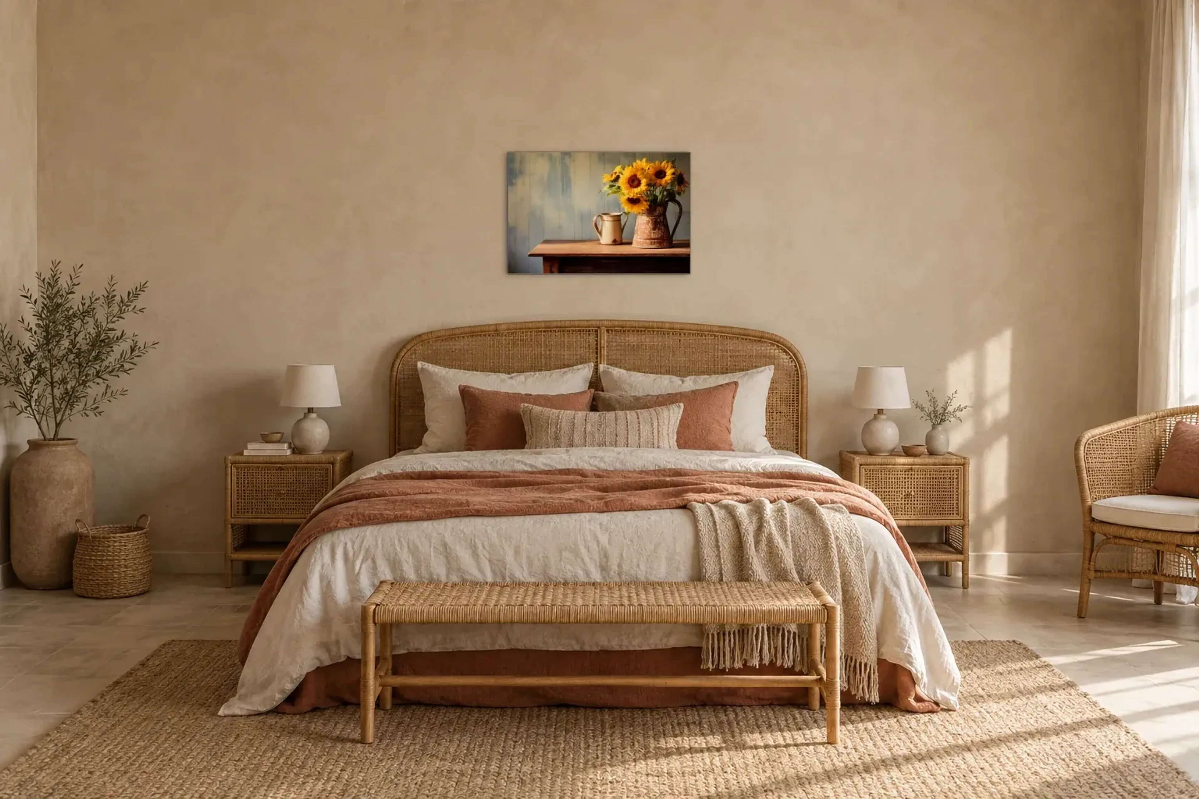 Sonnenblumen im Krug als Wandbild über einem 180-cm-Bett