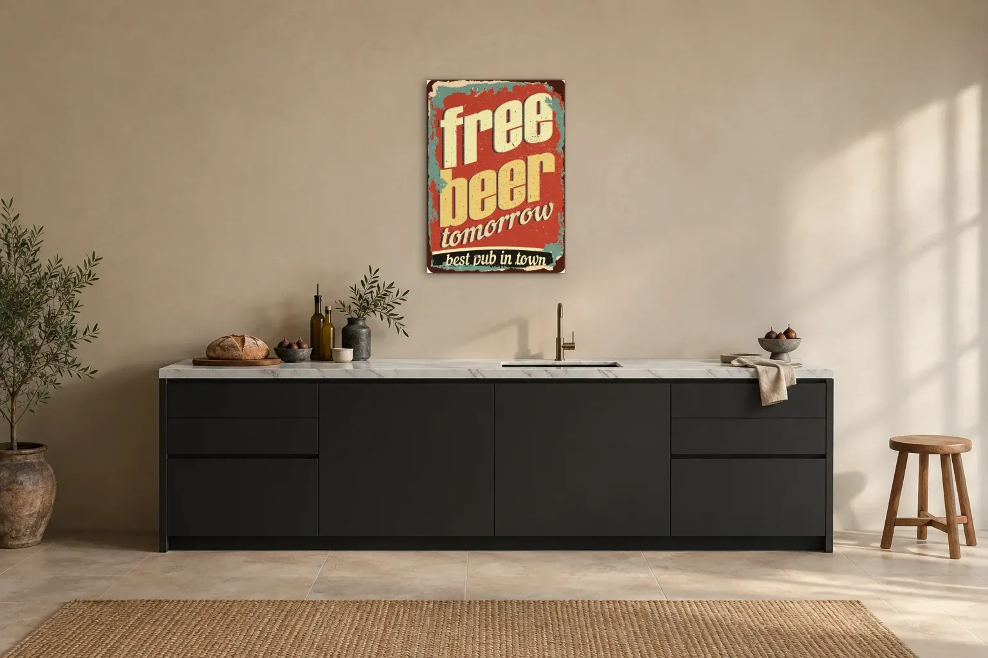 Freibier Free beer als Wandbild über einer 200-cm-Arbeitsplatte