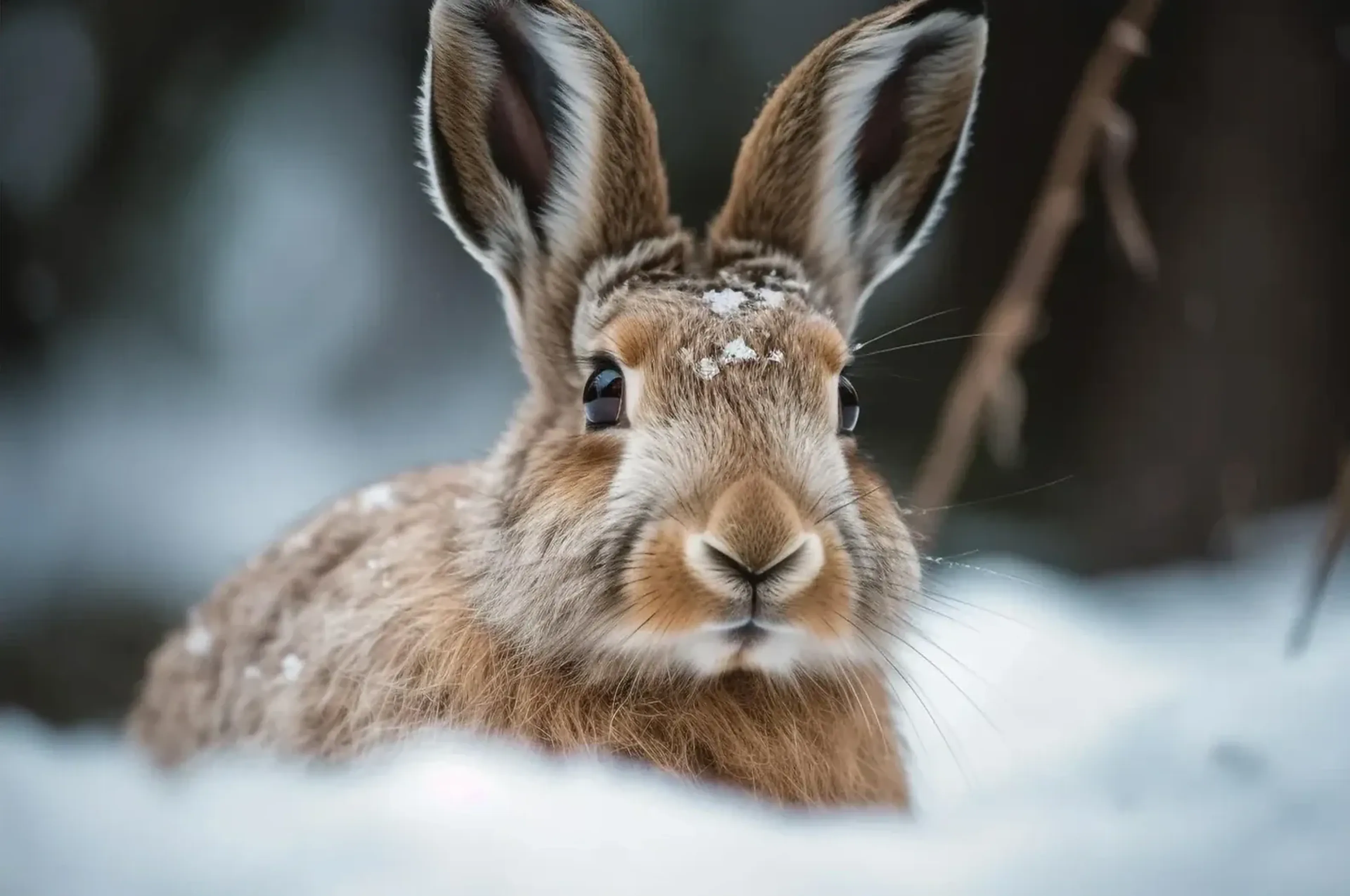 Ein brauner Feldhase liegt mit aufgerichteten Ohren im Schnee; auf Kopf und Rücken sitzen Schneeflocken.