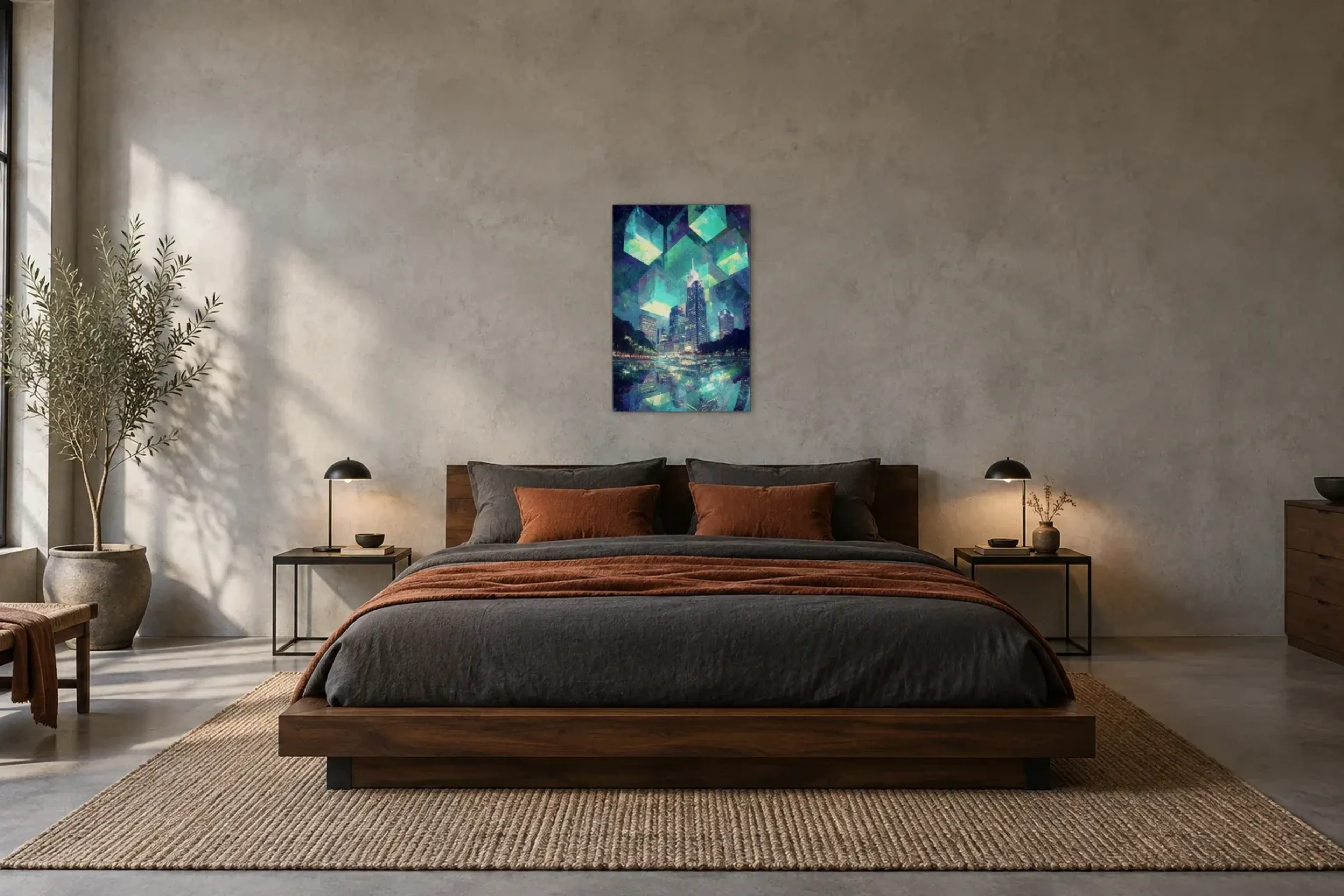 Skyline unter leuchtenden Würfeln als Wandbild über einem 180-cm-Bett