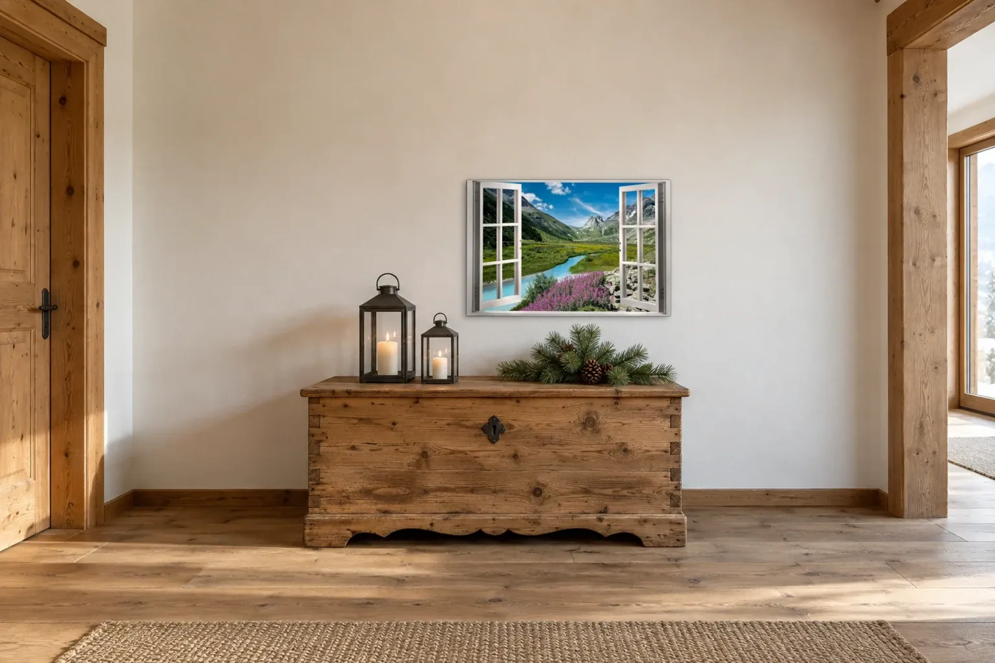 Bergbach mit Blüten als Wandbild über einer 140-cm-Truhe