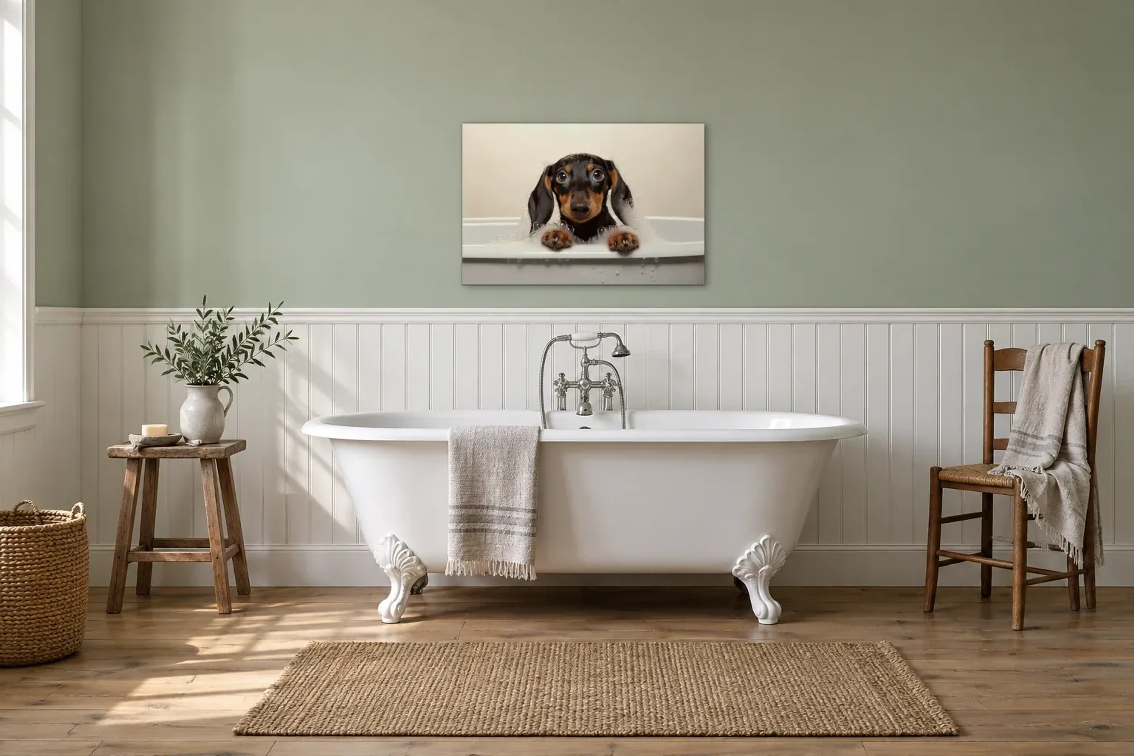 Dackel im Schaumbad als Wandbild über einer 170-cm-Badewanne