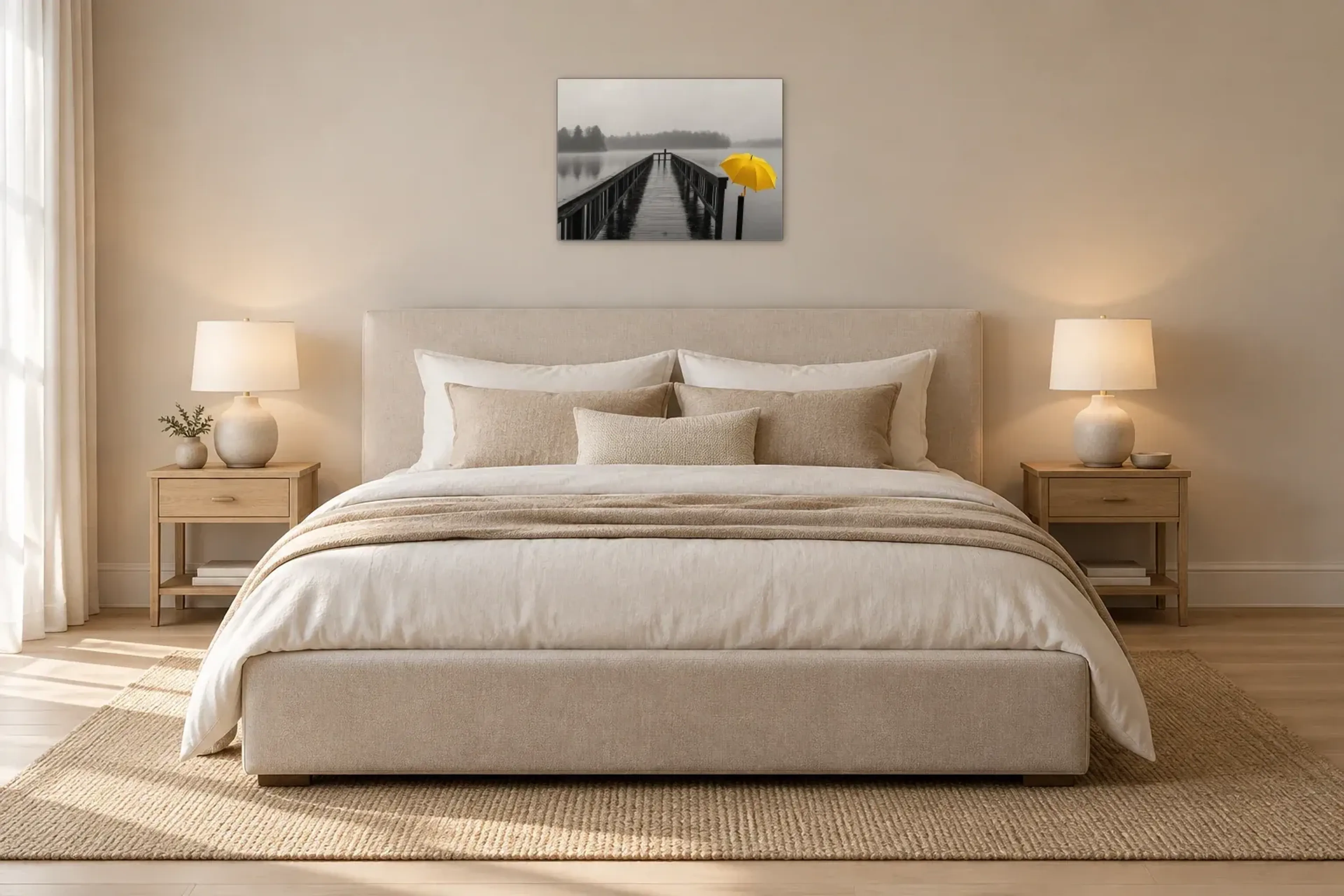 Gelber Schirm am Steg als Wandbild über einem 180-cm-Bett