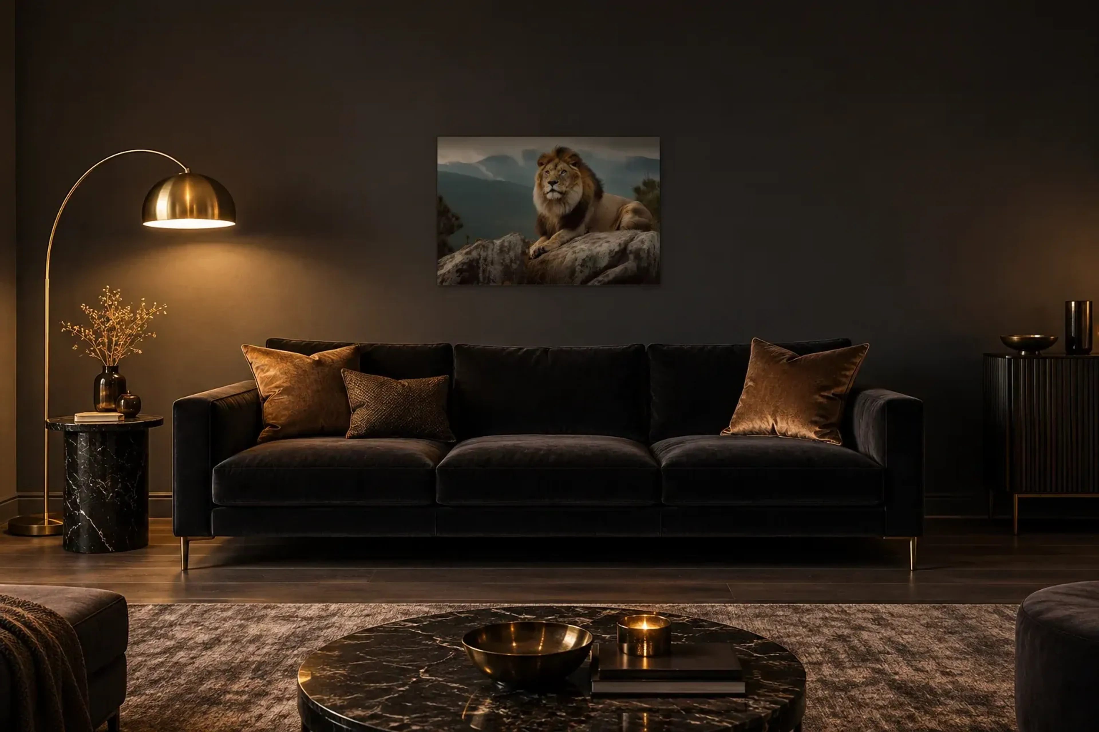 Löwe auf Fels als Wandbild über einem 220-cm-Sofa