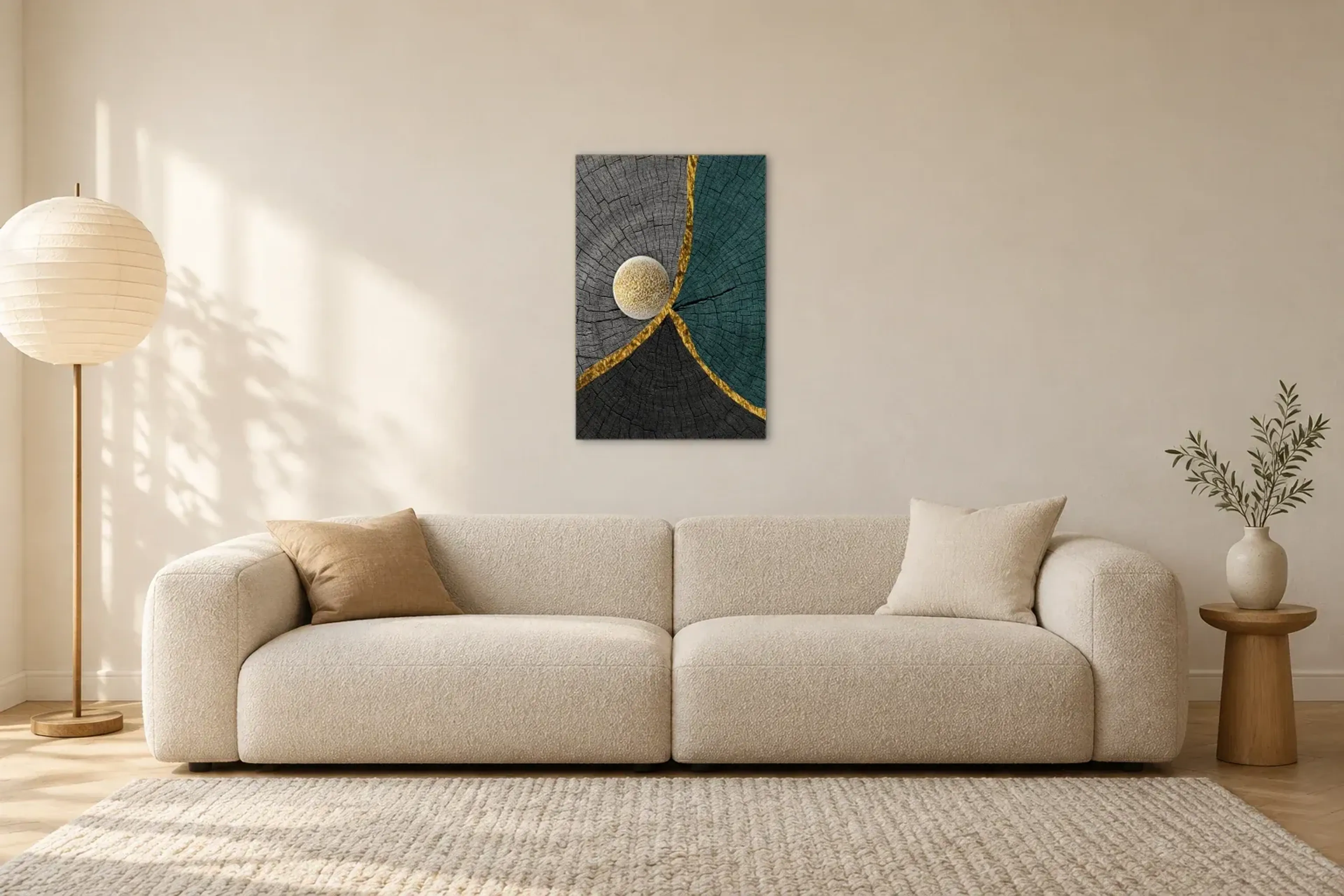 Holzringe mit Goldlinien als Wandbild über einem 230-cm-Sofa