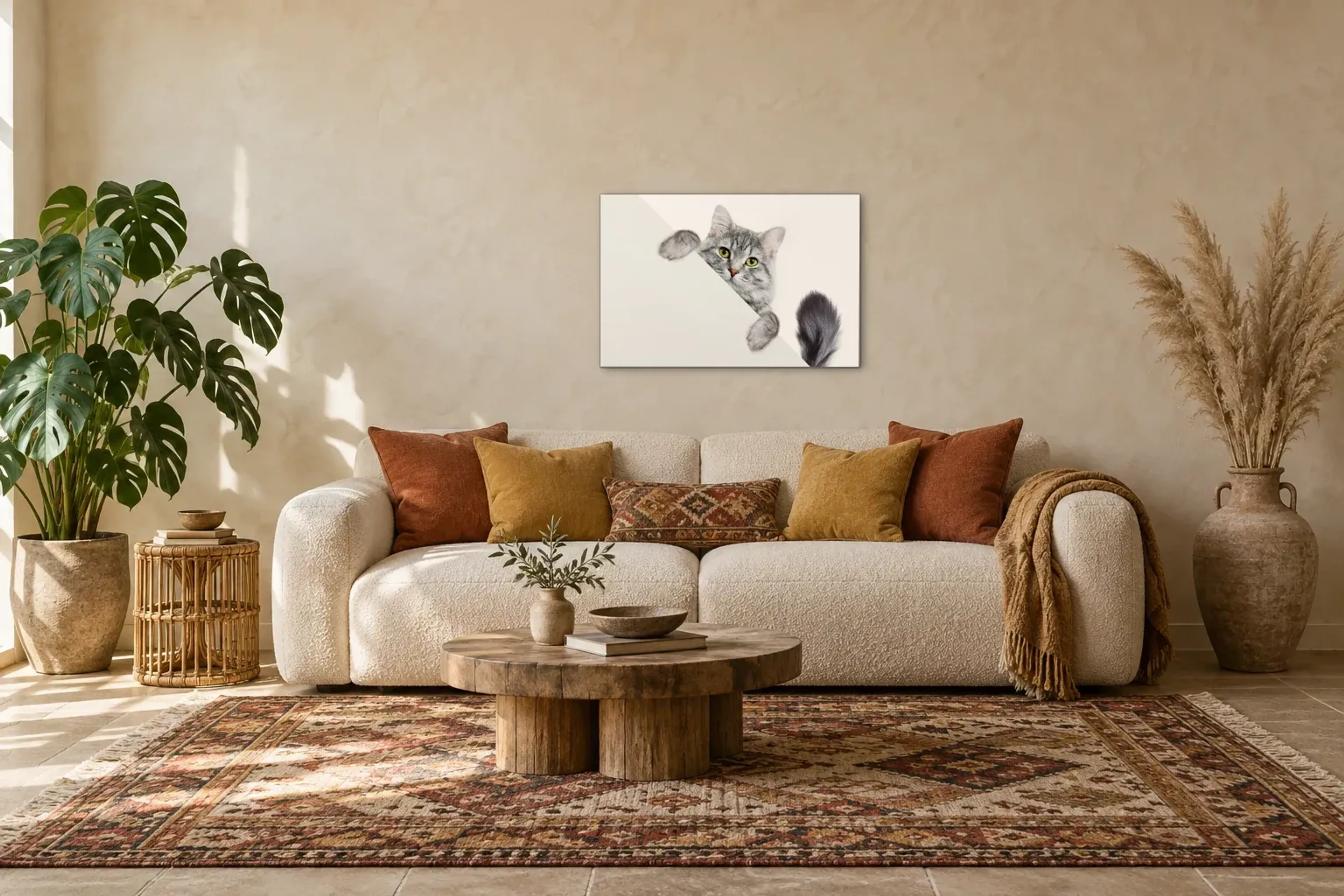 Katze hinter weißer Kante als Wandbild über einem 220-cm-Sofa