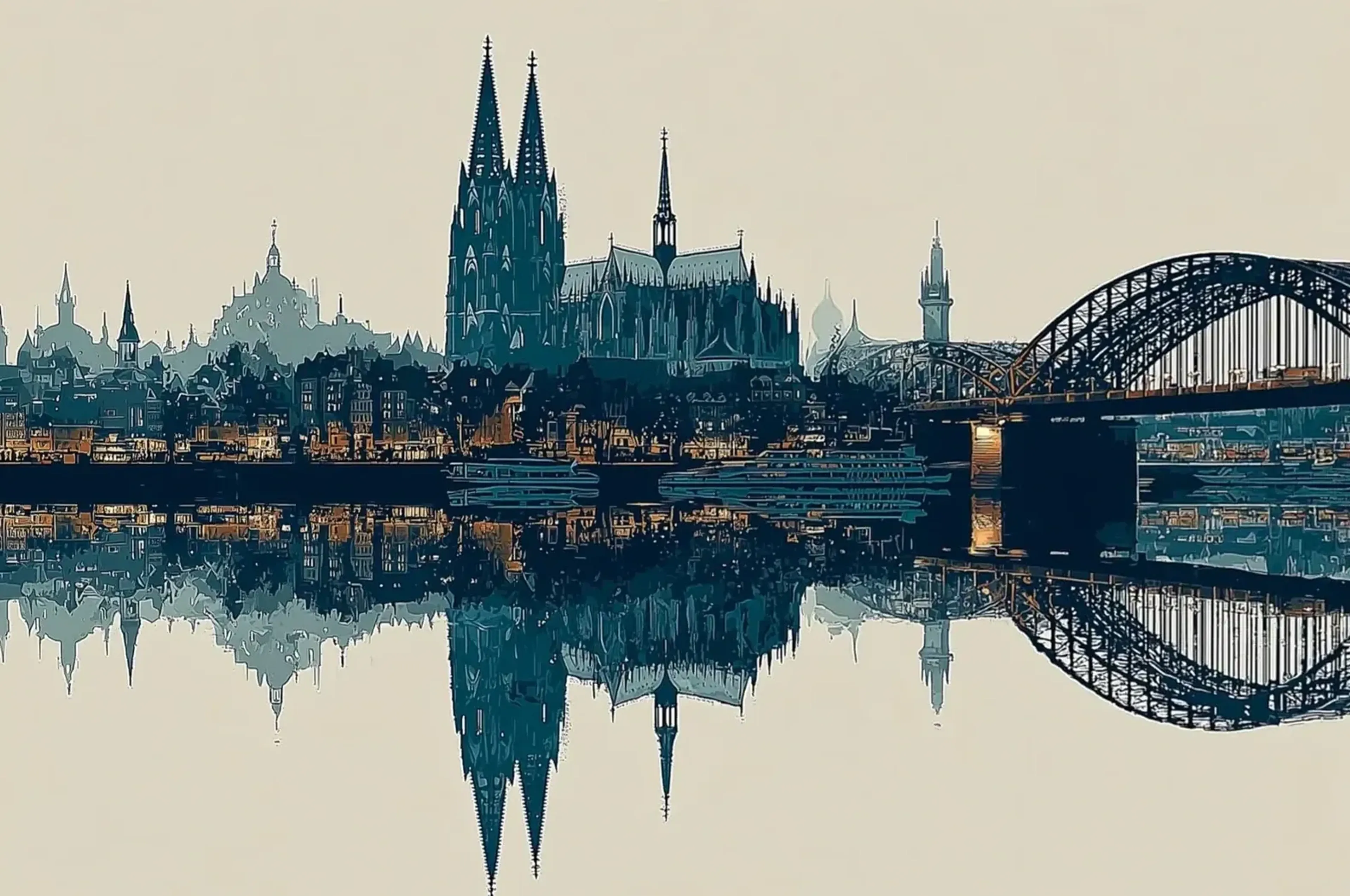 Kölner Dom, Uferhäuser und Bogenbrücke in dunklem Petrol mit goldfarbenen Akzenten und klarer Wasserspiegelung.