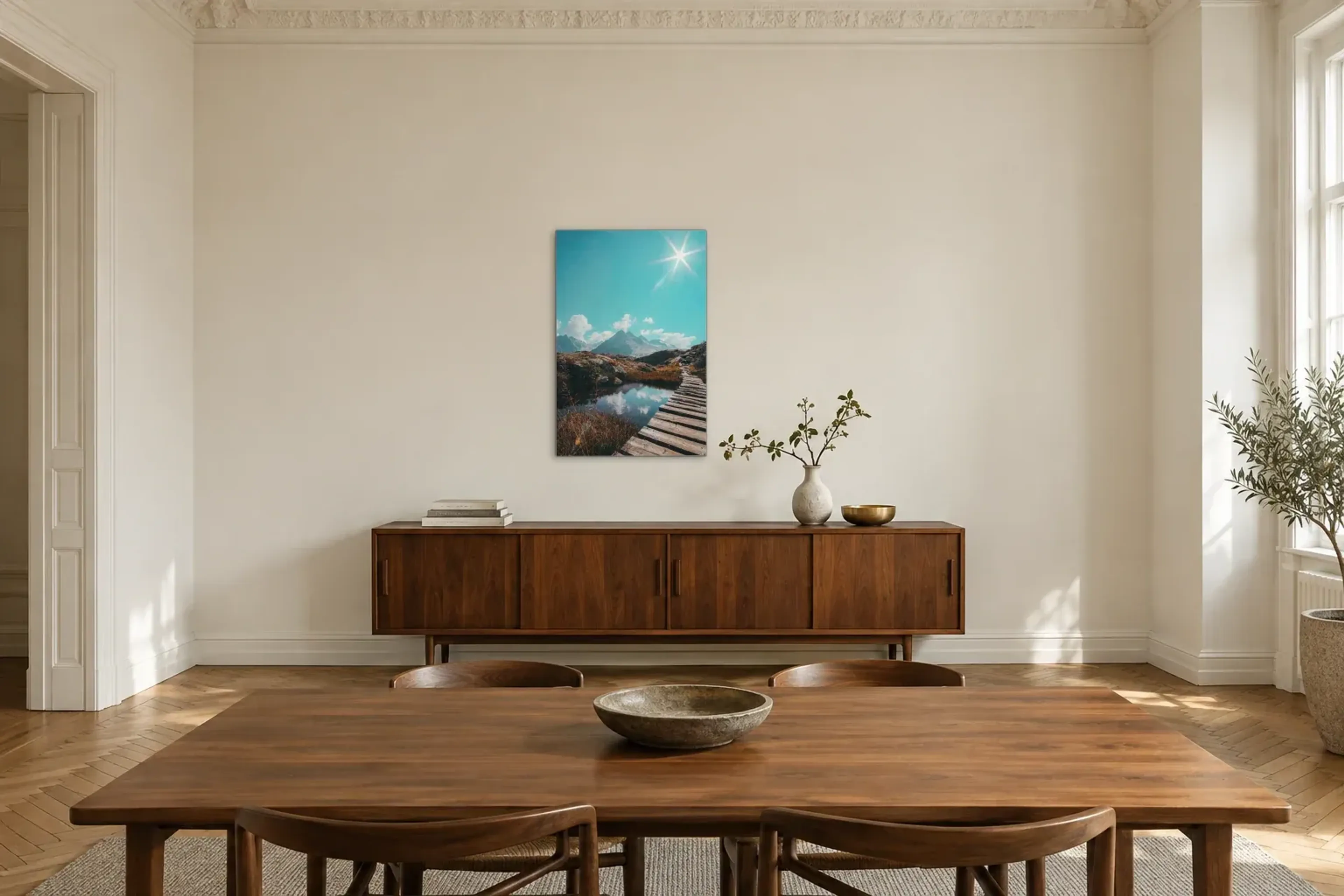 Steg am Bergsee als Wandbild über einem 200-cm-Sideboard
