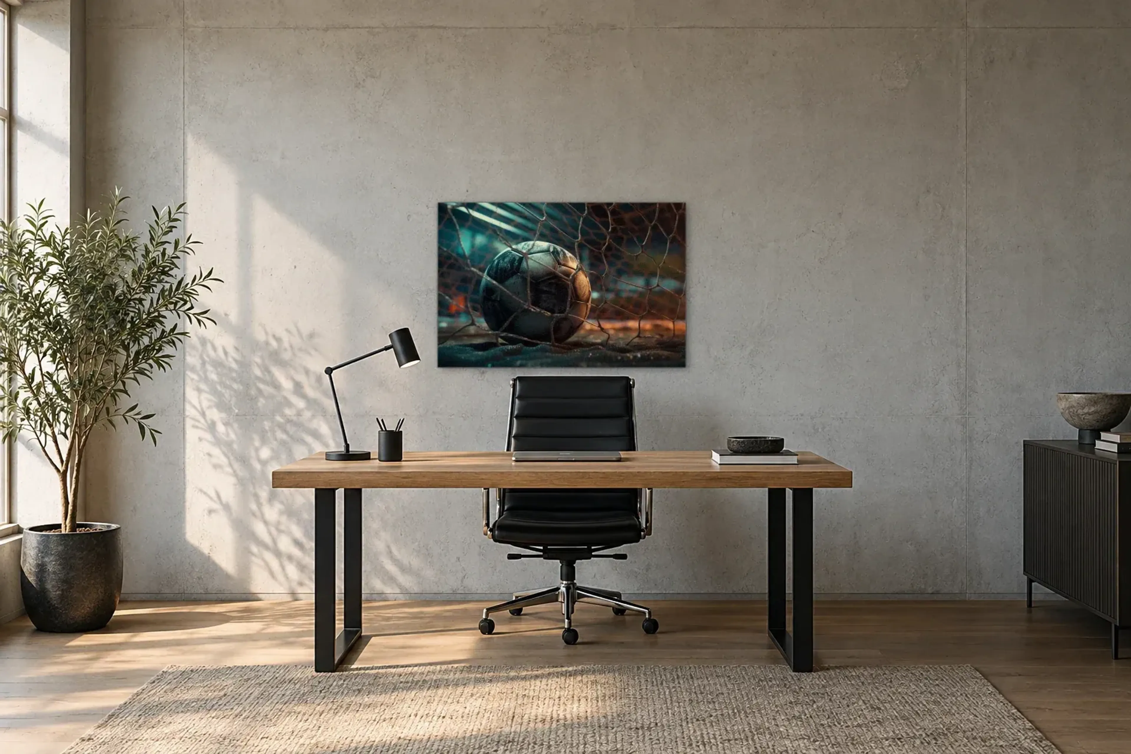 Fußball im Tornetz als Wandbild über einem 160-cm-Schreibtisch