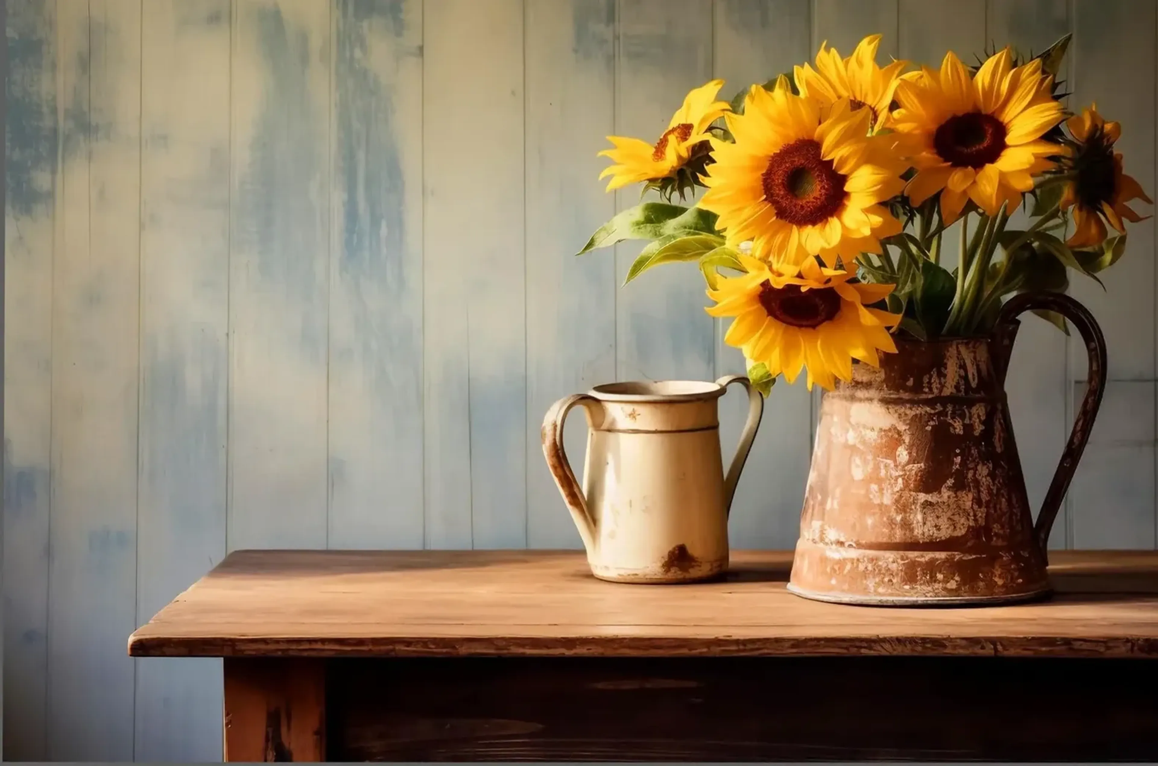 Sonnenblumen in einem braunen Krug neben einem cremefarbenen Krug auf einem Holztisch vor einer Bretterwand.