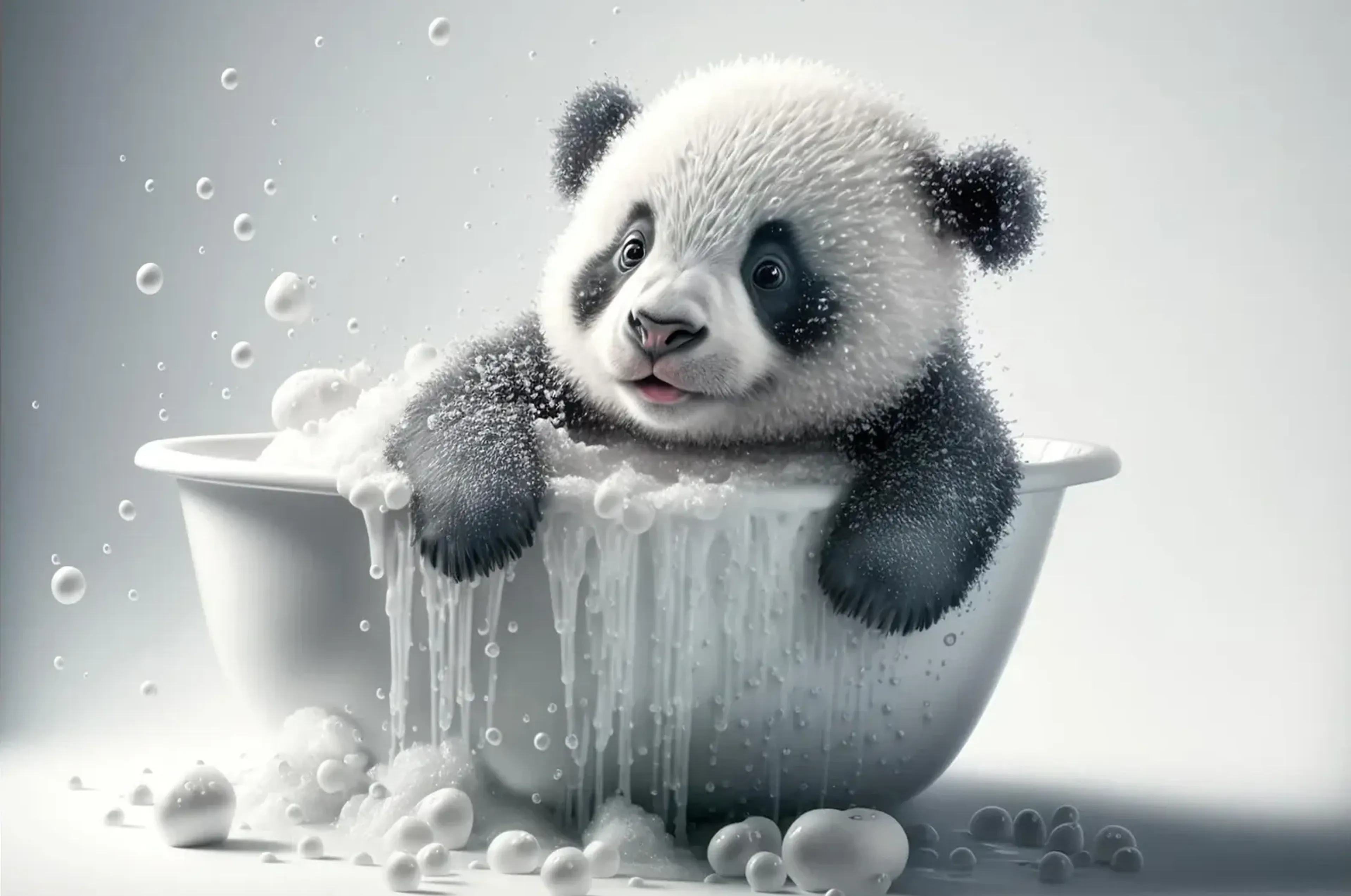 Kleiner Panda lehnt aus einer weißen Wanne, umgeben von Schaum und Seifenblasen vor grauem Hintergrund.