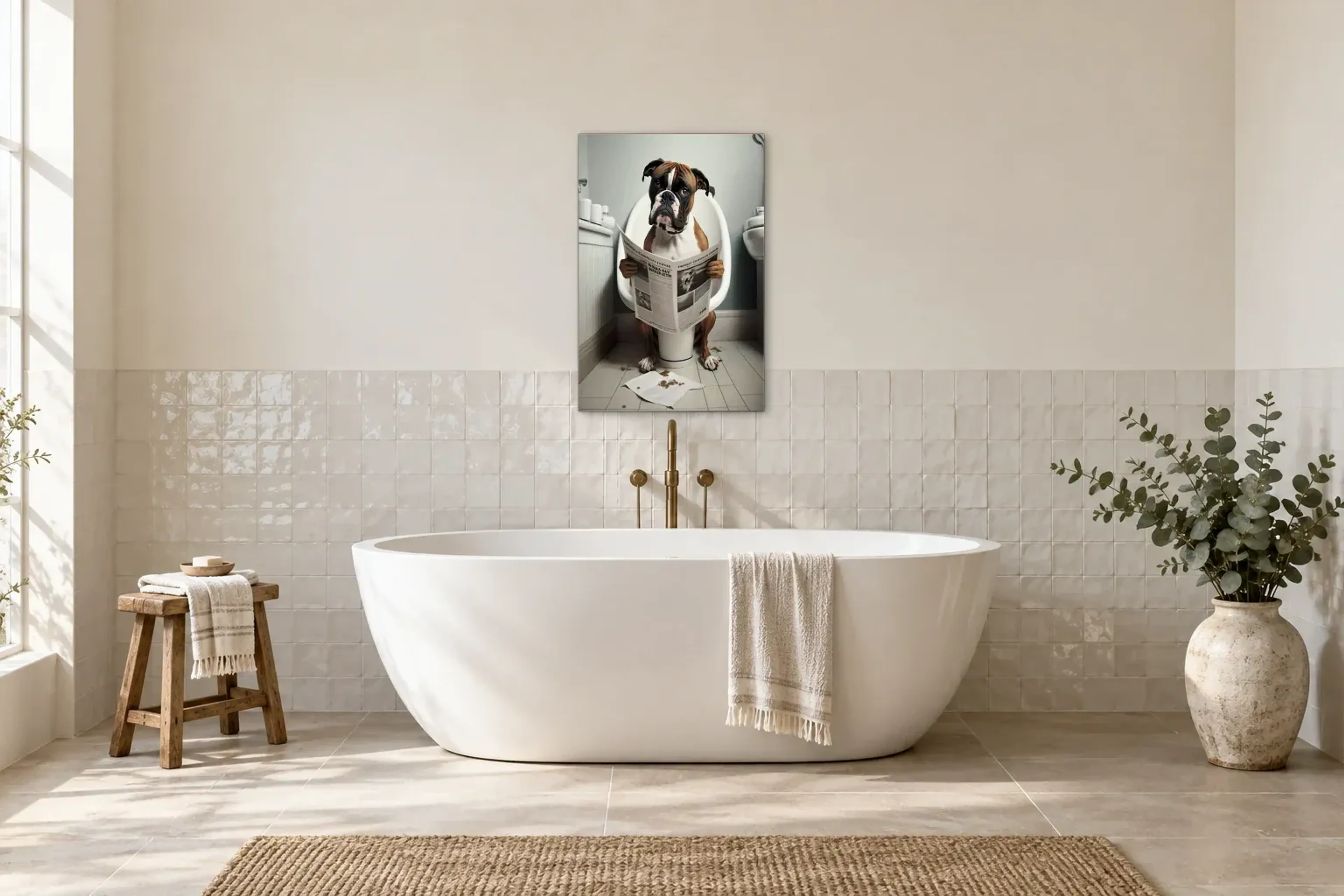 Boxer mit Zeitung als Wandbild über einer 170-cm-Badewanne