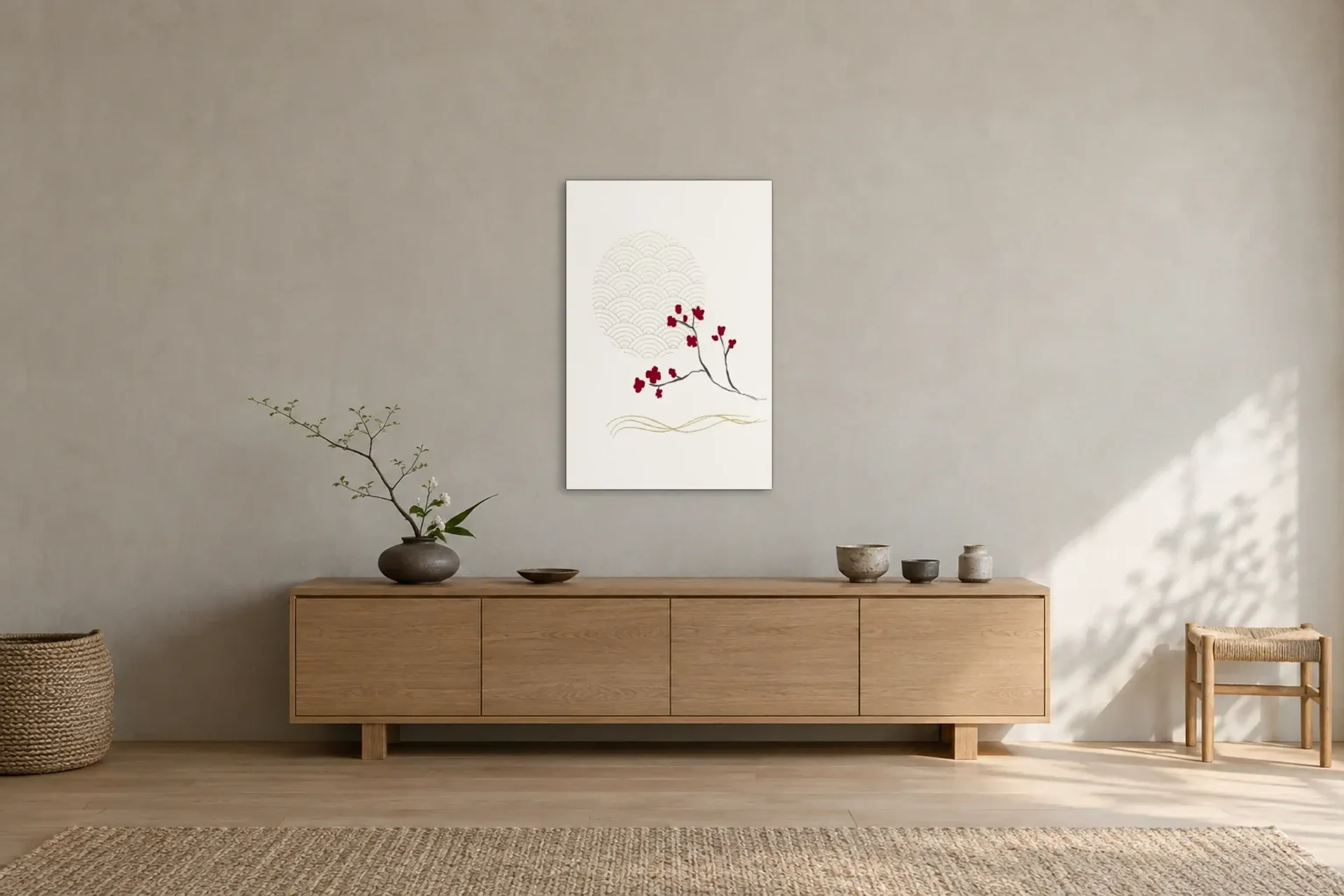 Blüten vor Wellenkreis als Wandbild über einem 180-cm-Sideboard
