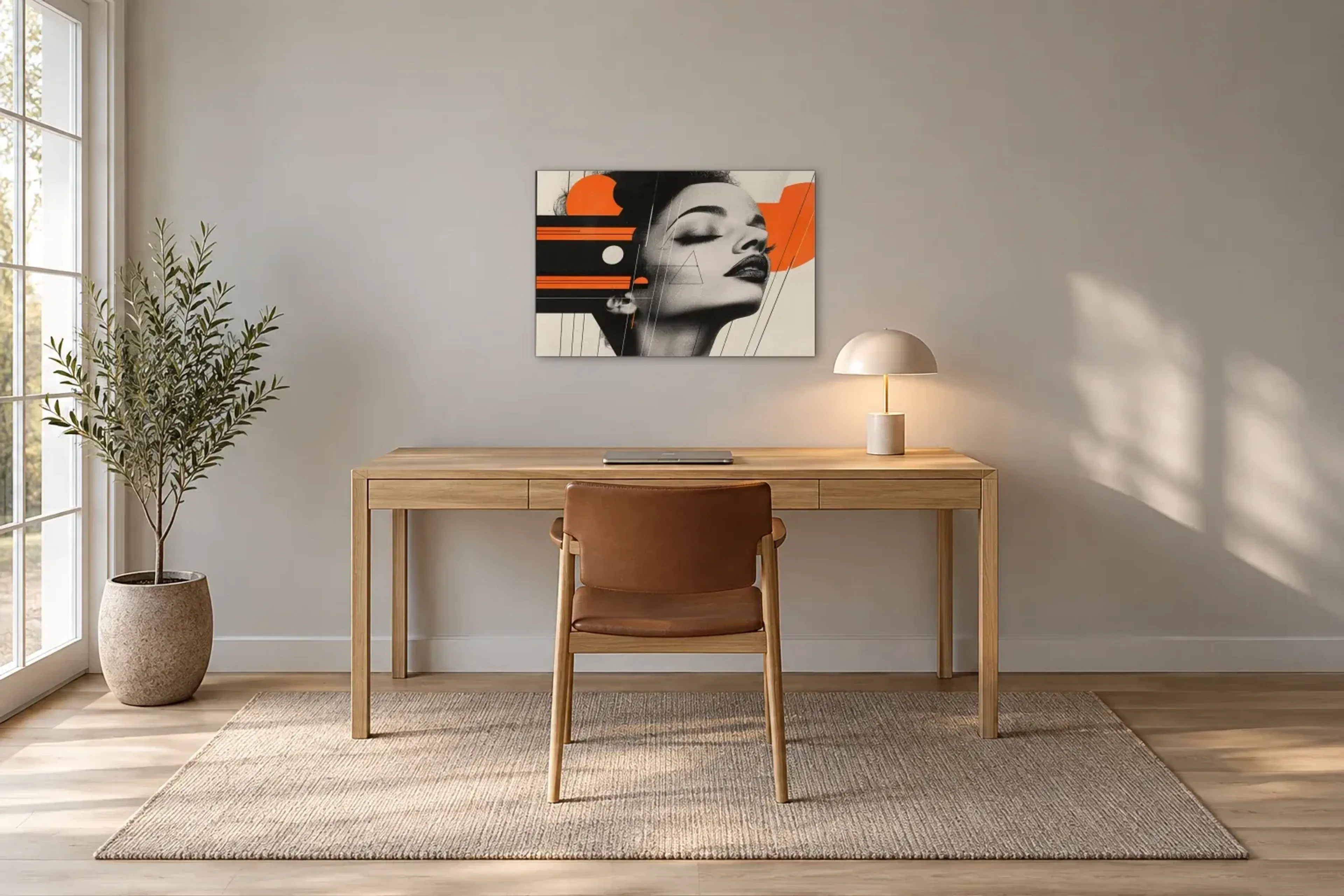 Frauenporträt mit Orange als Wandbild über einem 160-cm-Schreibtisch