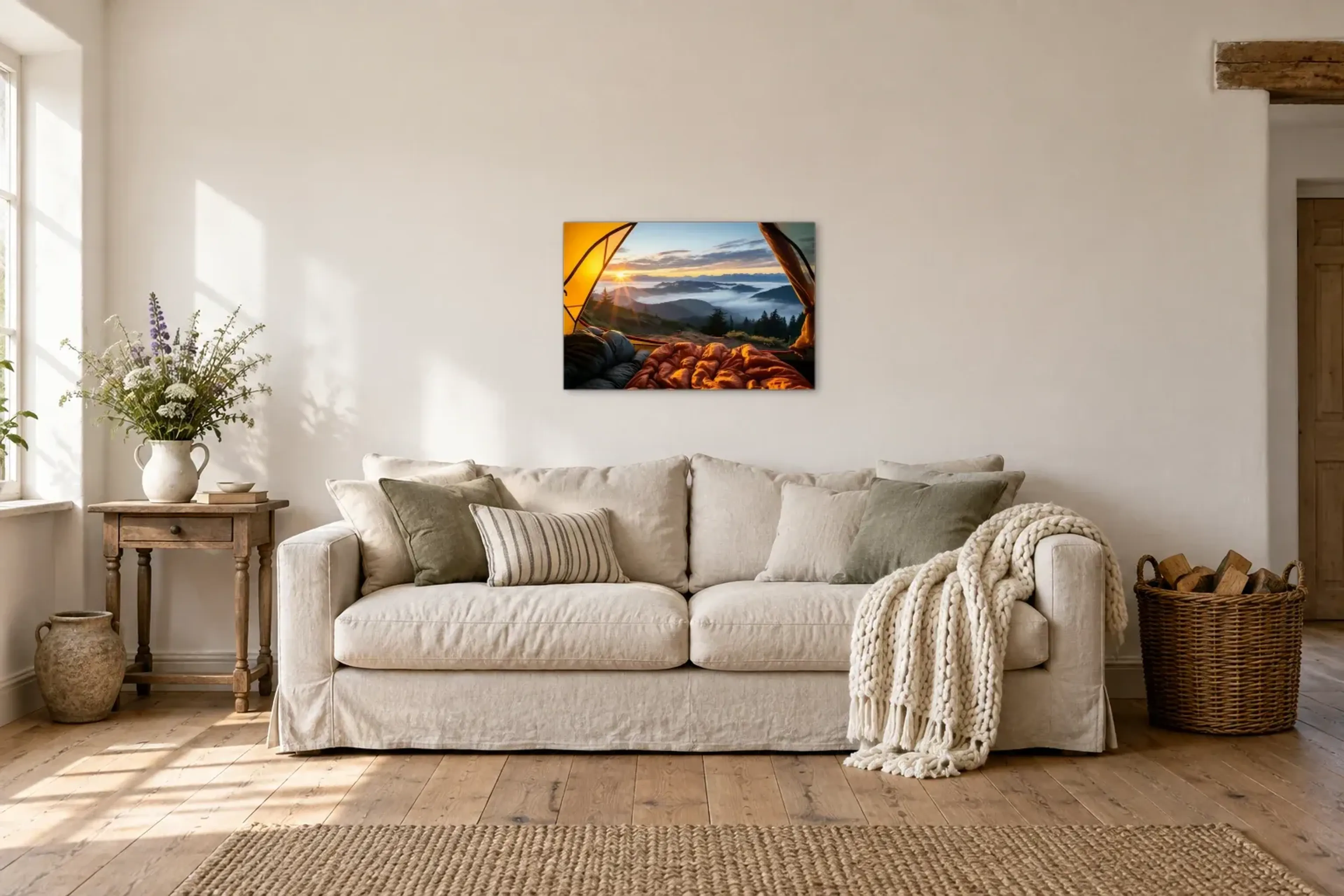 Zeltblick als Wandbild über einem 220-cm-Sofa