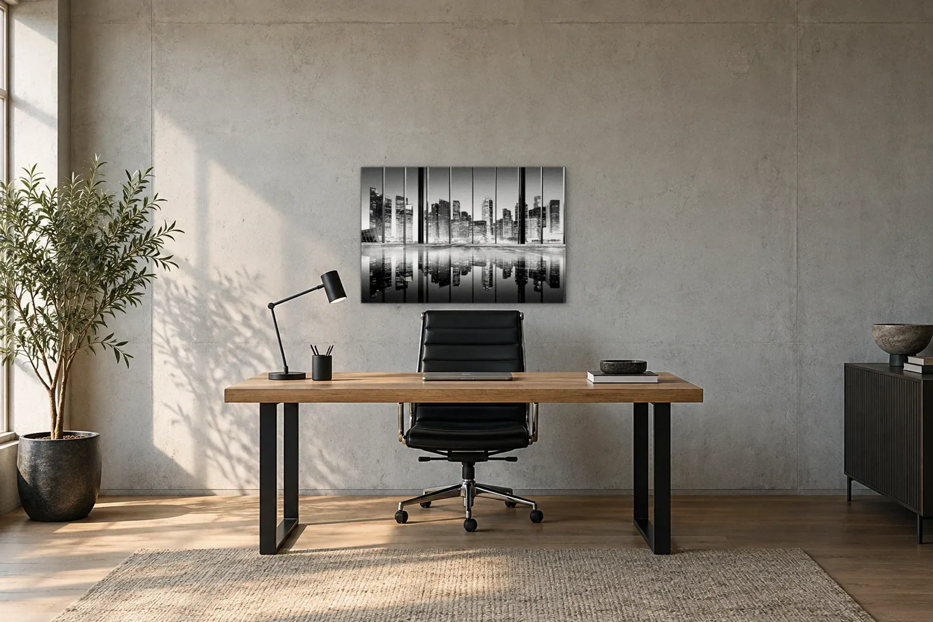 Skyline hinter Glas als Wandbild über einem 160-cm-Schreibtisch