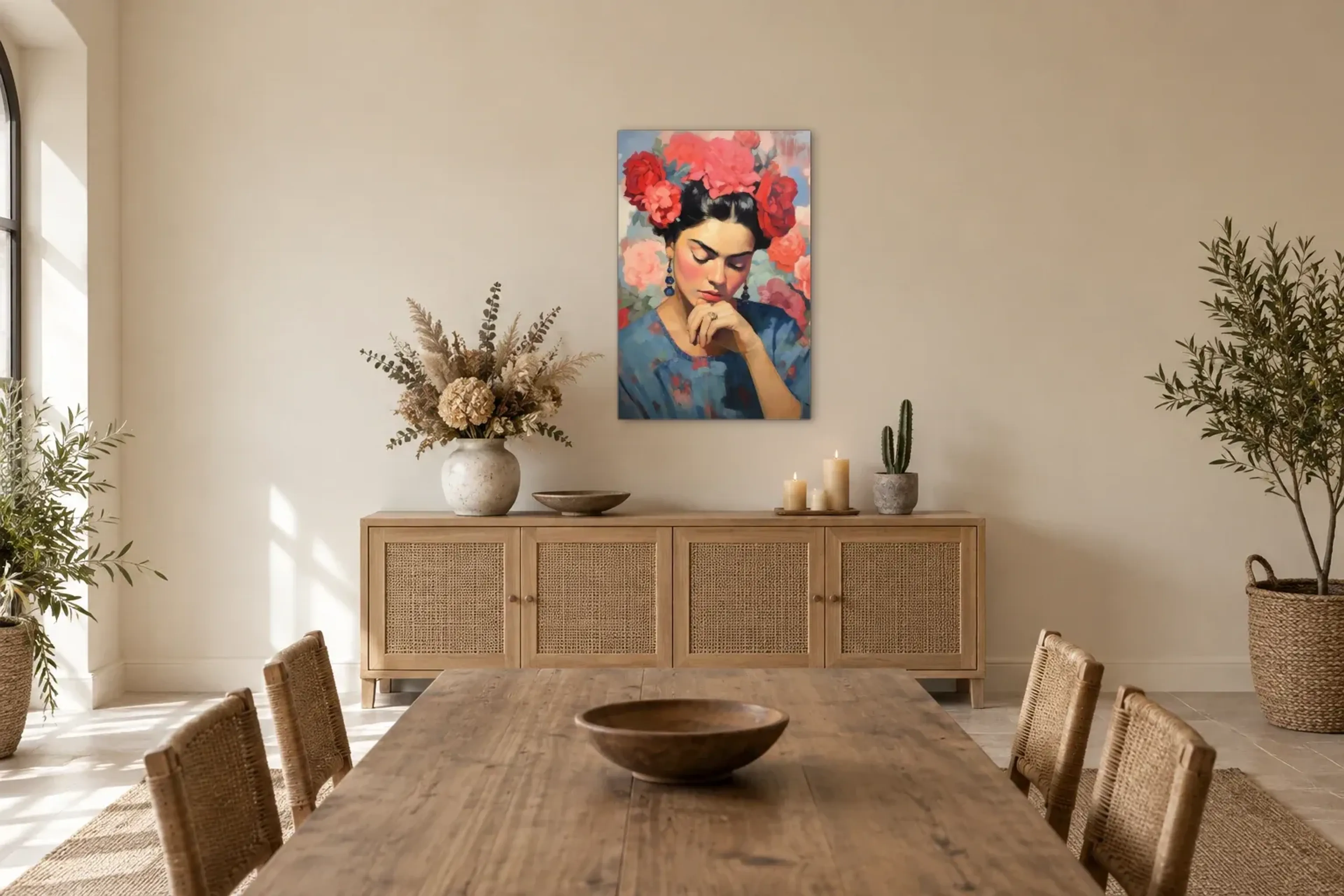 Frau unter roten Blüten als Wandbild über einem 160-cm-Sideboard