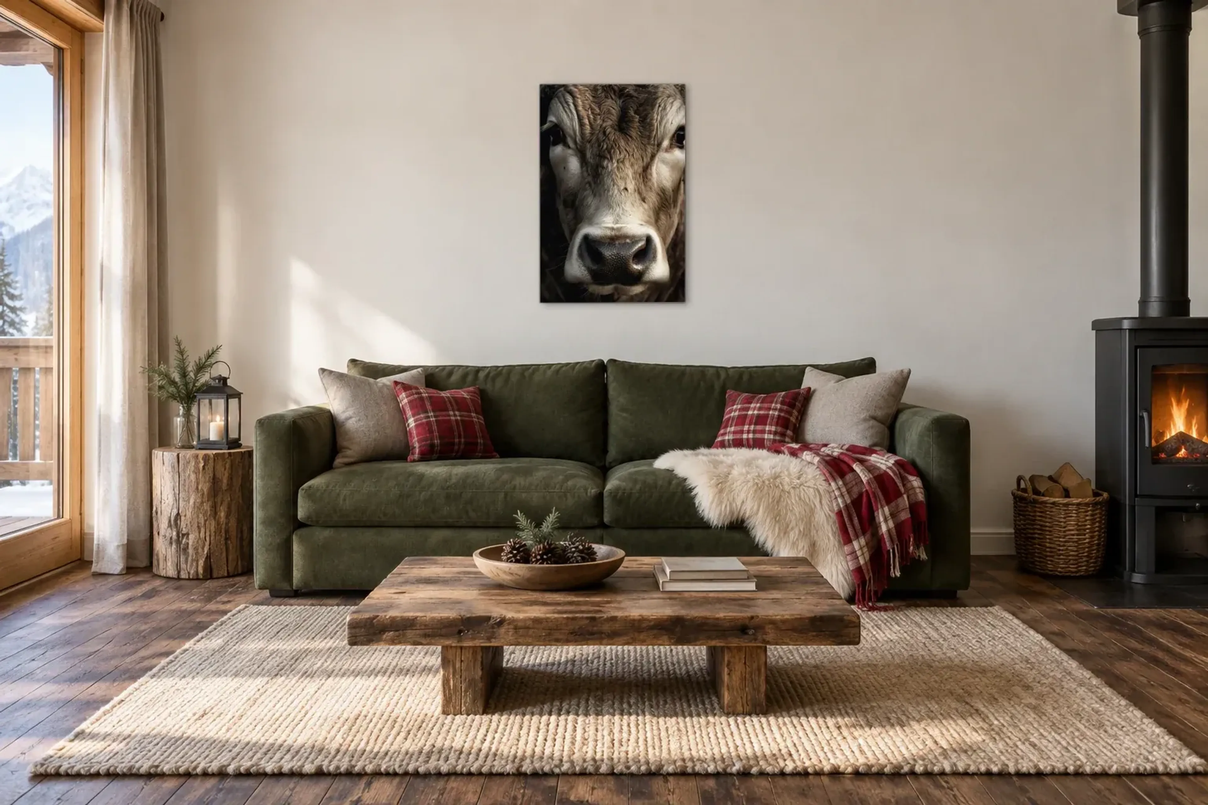 Kuh Portrait als Wandbild über einem 220-cm-Sofa