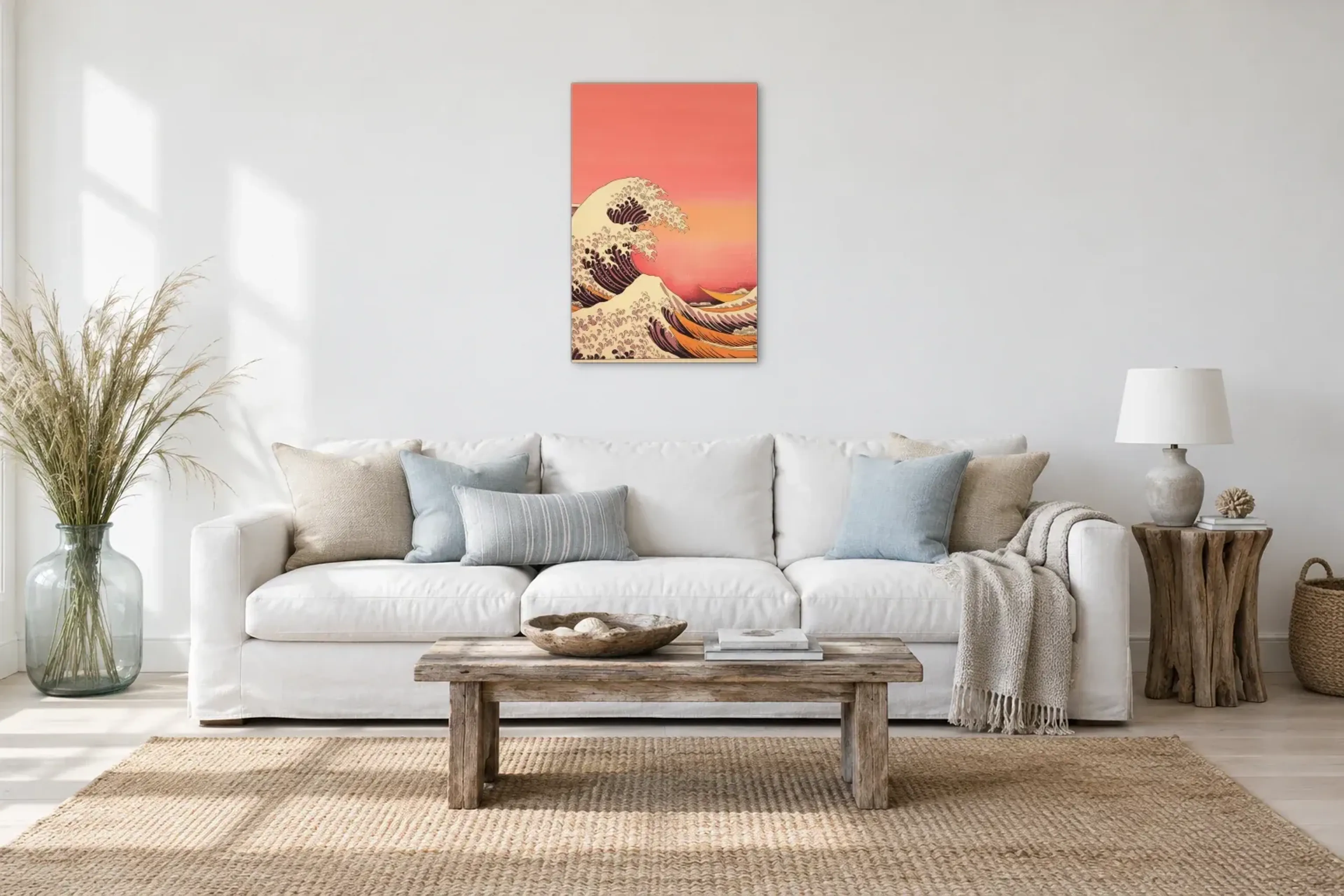 Welle in Korallrosa als Wandbild über einem 220-cm-Sofa