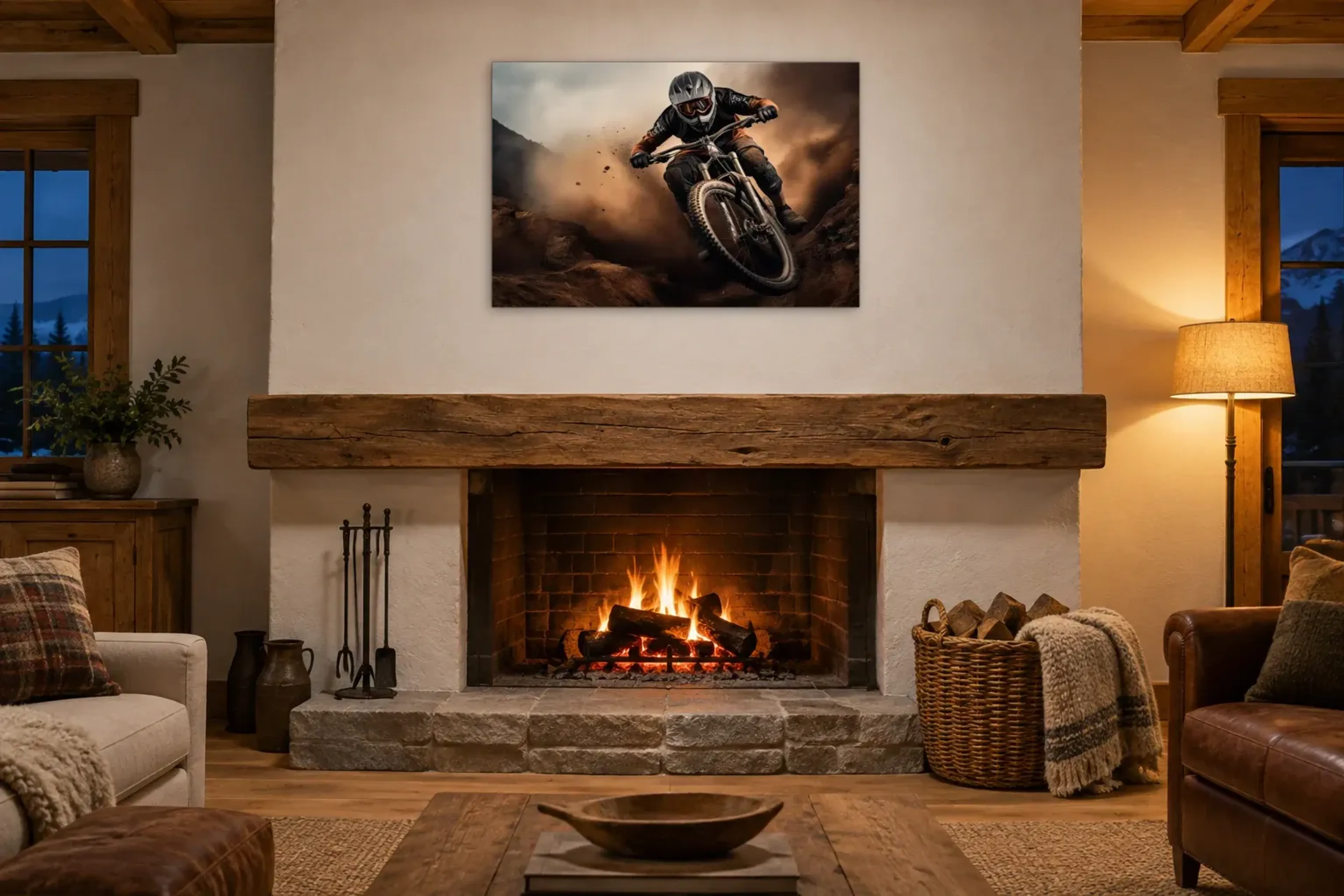 Mountainbiker in der Staubwolke als Wandbild über einem 180-cm-Kaminsims