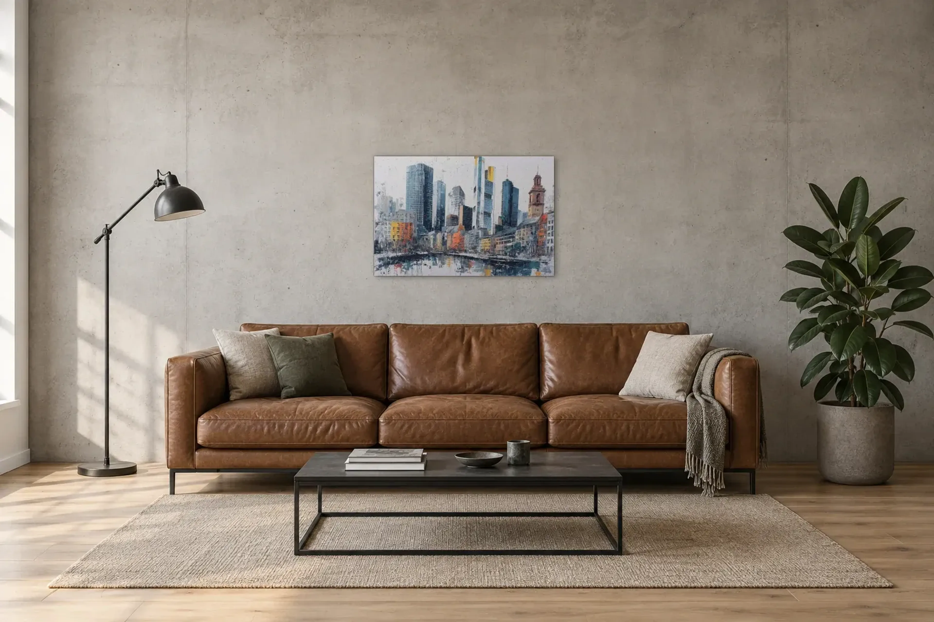 Frankfurts farbige Uferfassaden als Wandbild über einem 220-cm-Sofa