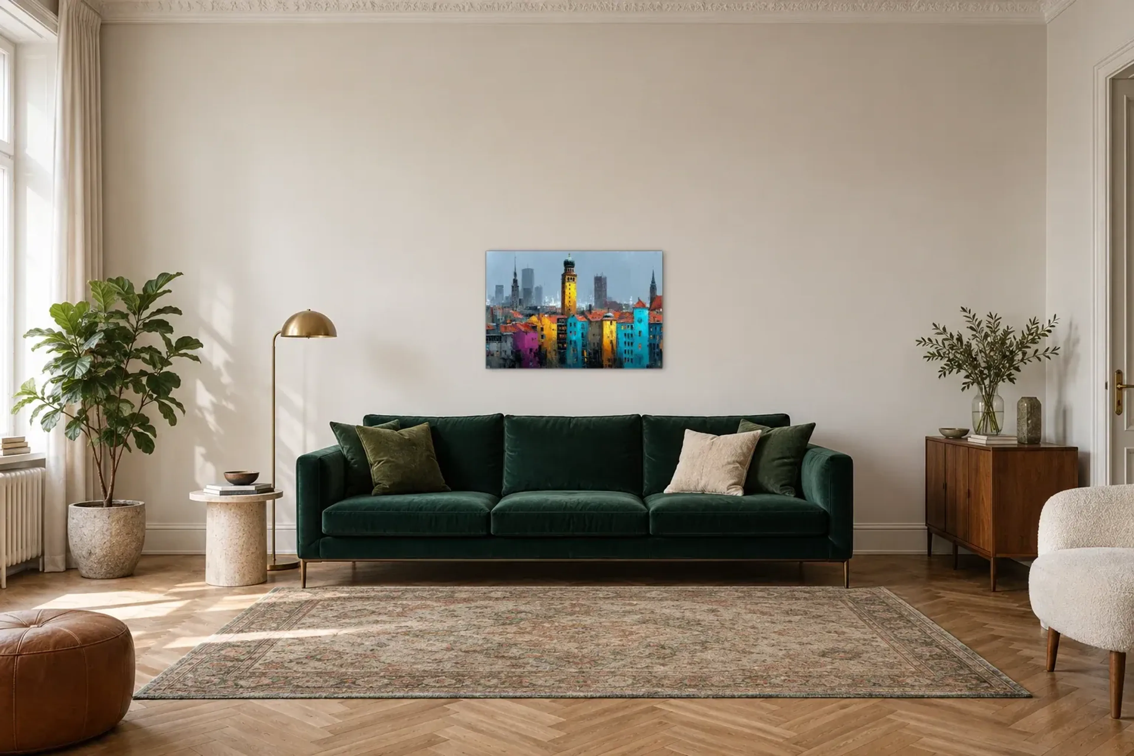 Bunte Fassaden und Kuppelturm als Wandbild über einem 220-cm-Sofa