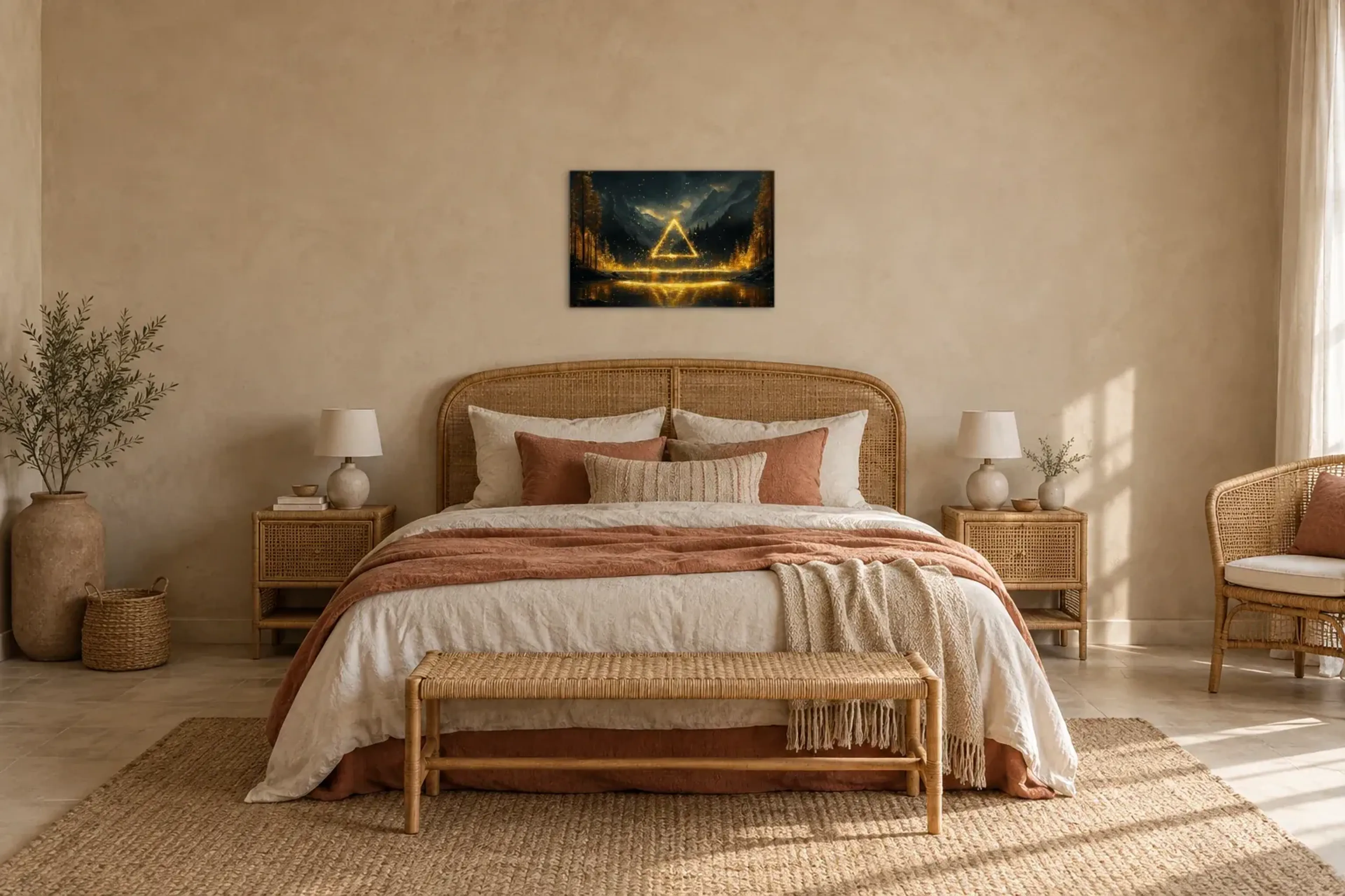 Portal der Berge als Wandbild über einem 180-cm-Bett