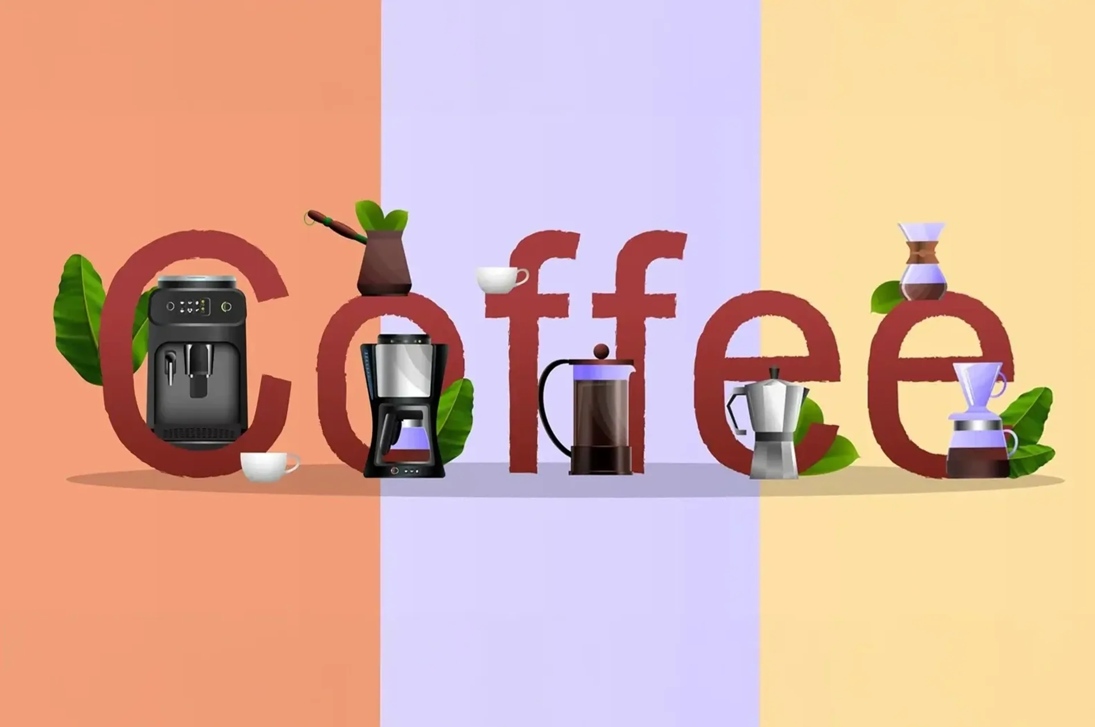 Dunkelroter Schriftzug „Coffee“ mit Kaffeegeräten und Blättern vor apricotfarbenen, fliederfarbenen und gelben Flächen.