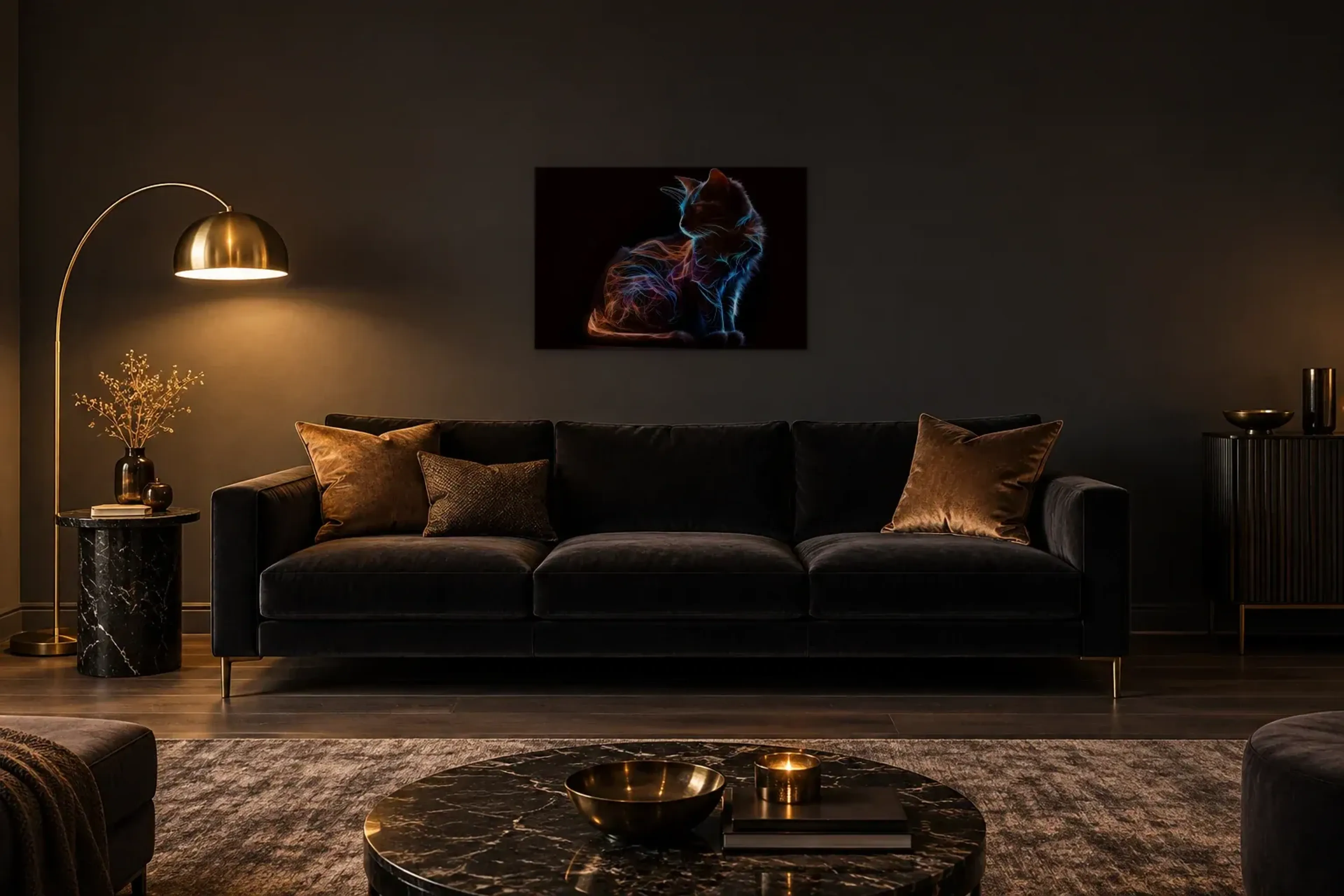 Katze im Neonlicht als Wandbild über einem 220-cm-Sofa