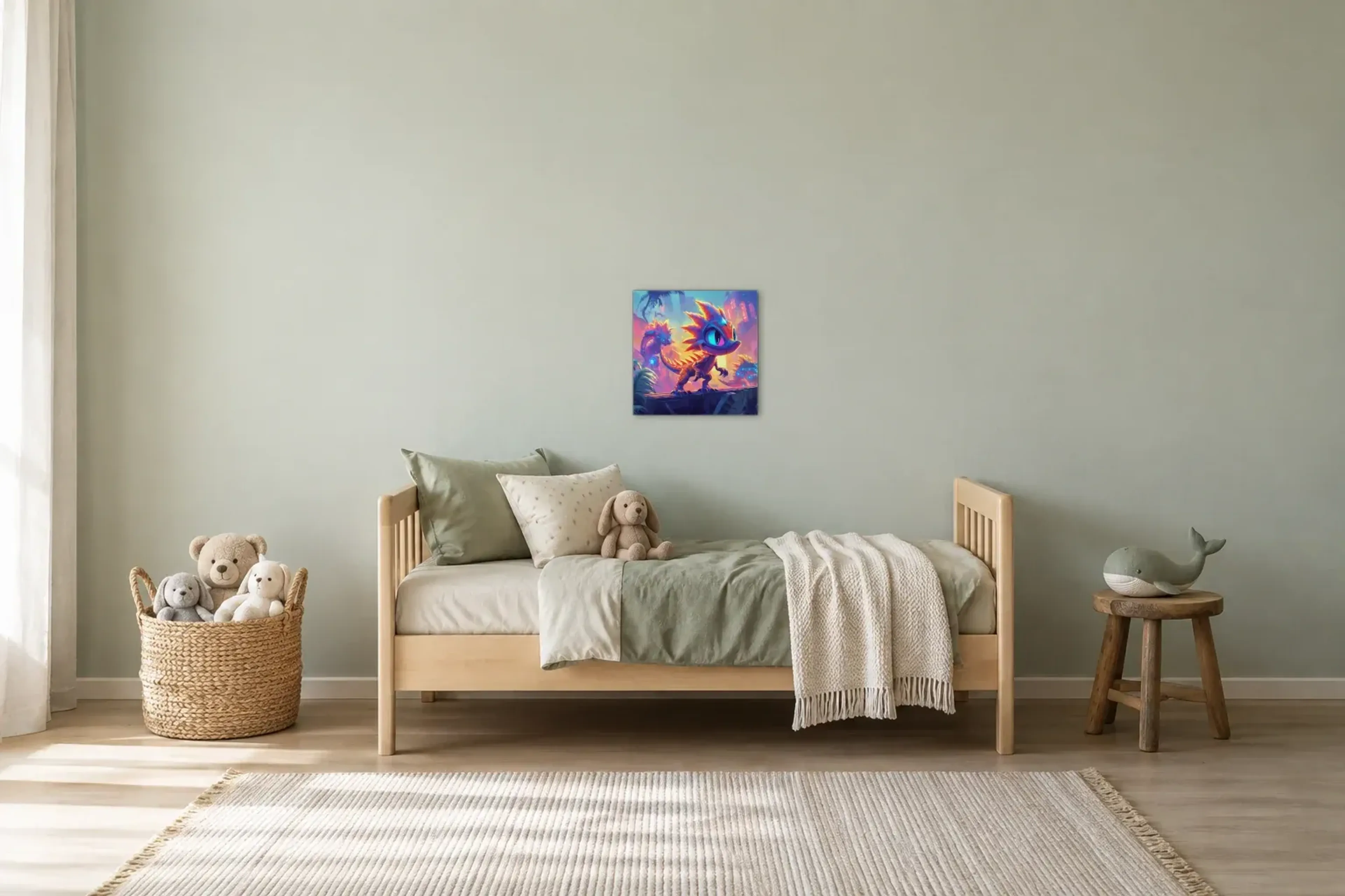 Dino im Neonlicht als Wandbild über einem 200-cm-Kinderbett