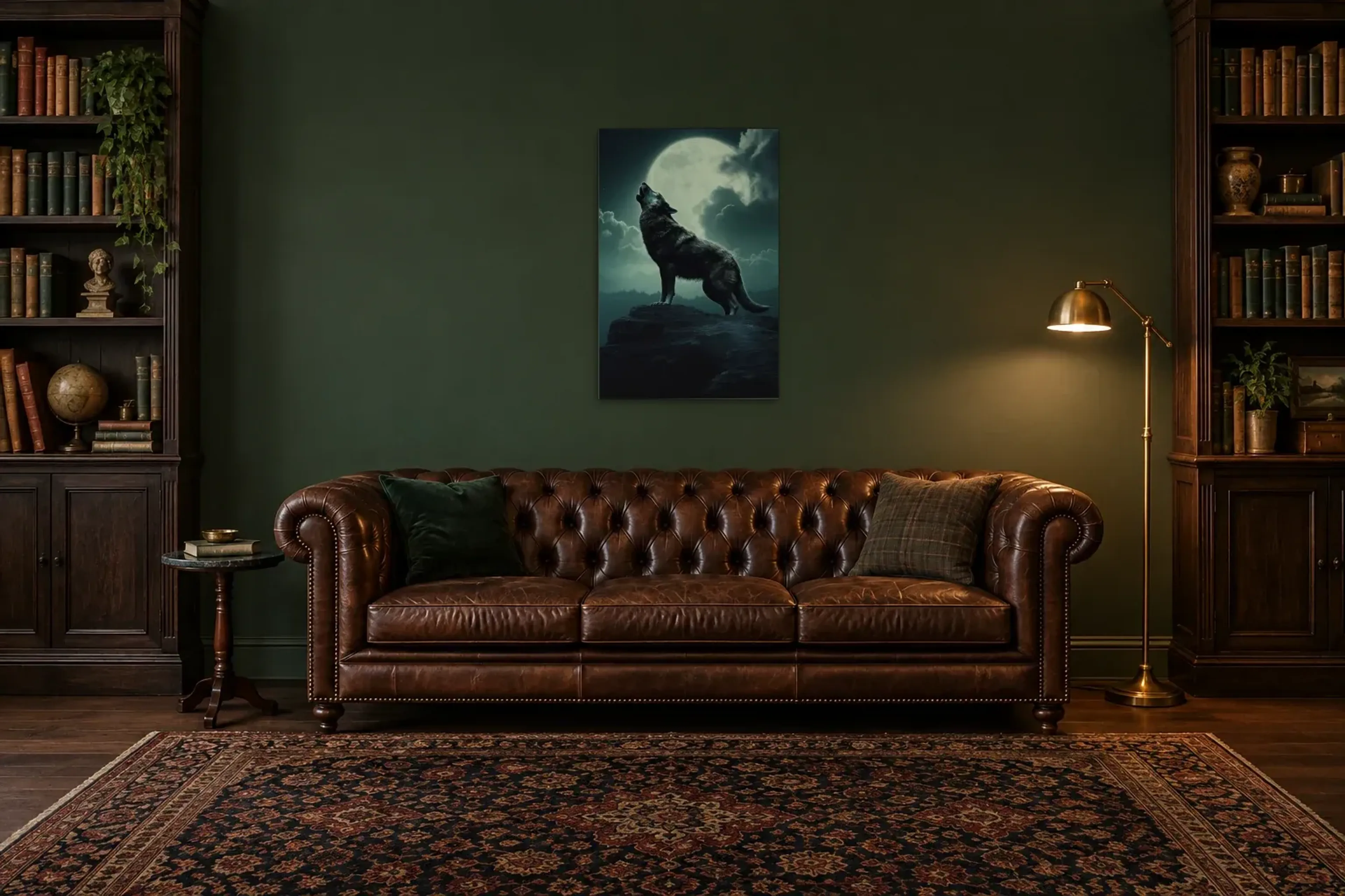 Wolf im Mondlicht als Wandbild über einem 200-cm-Chesterfield-Sofa