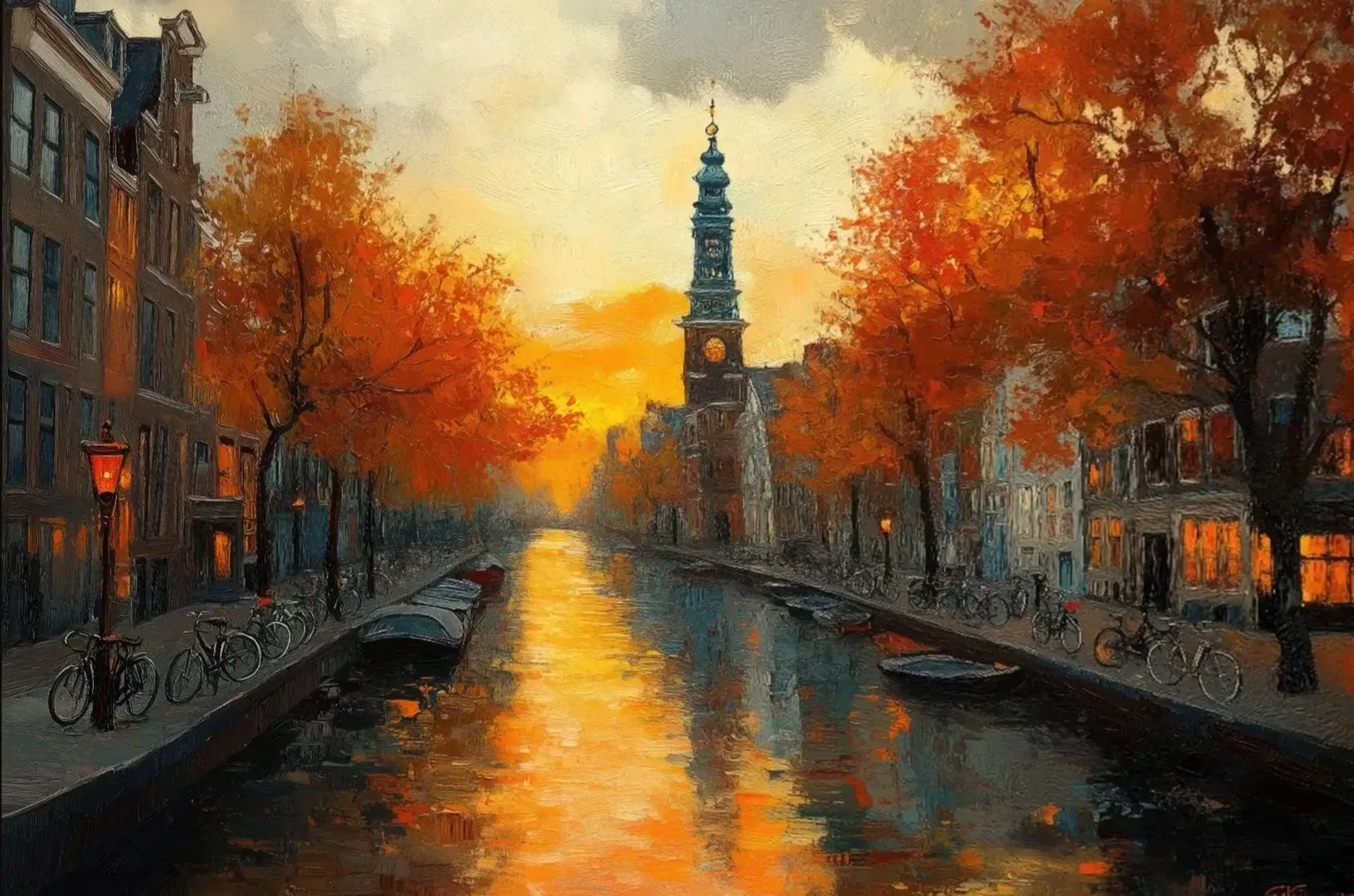 Herbst an Amsterdams Gracht – Motiv als Wandbild auf Holz