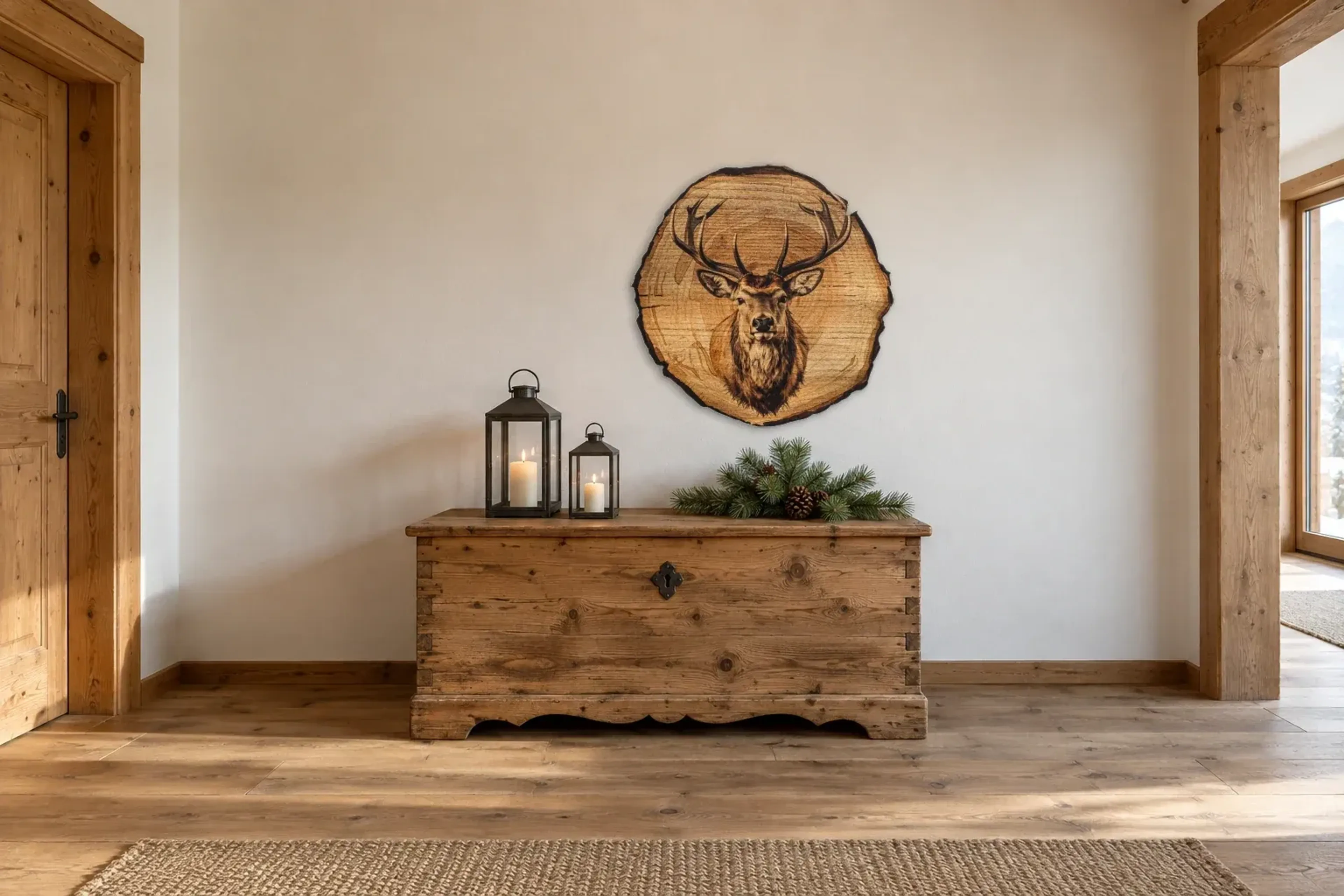 Hirsch mit dunkler Mähne als Wandbild über einer 140-cm-Truhe