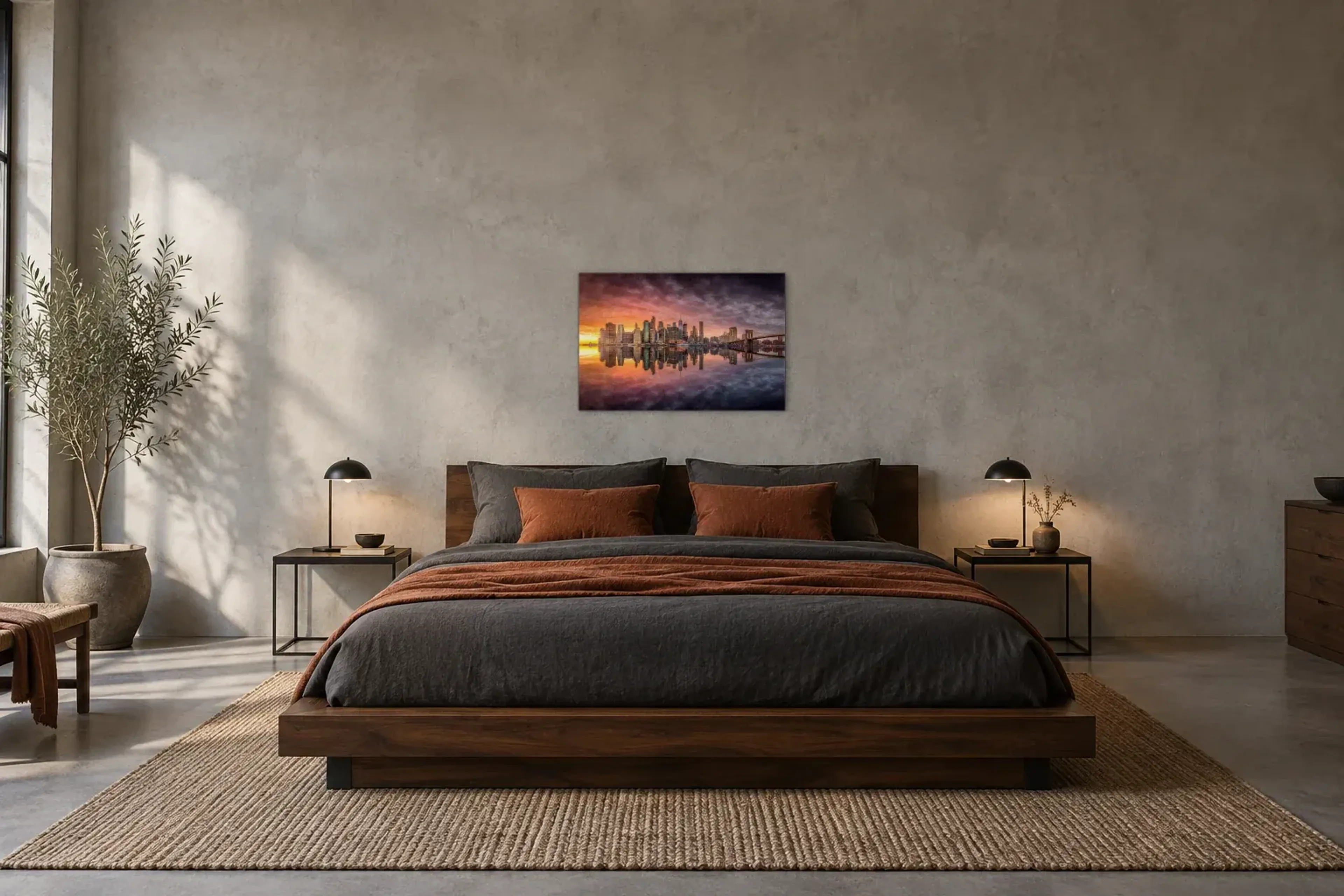 New York im Abendlicht als Wandbild über einem 180-cm-Bett