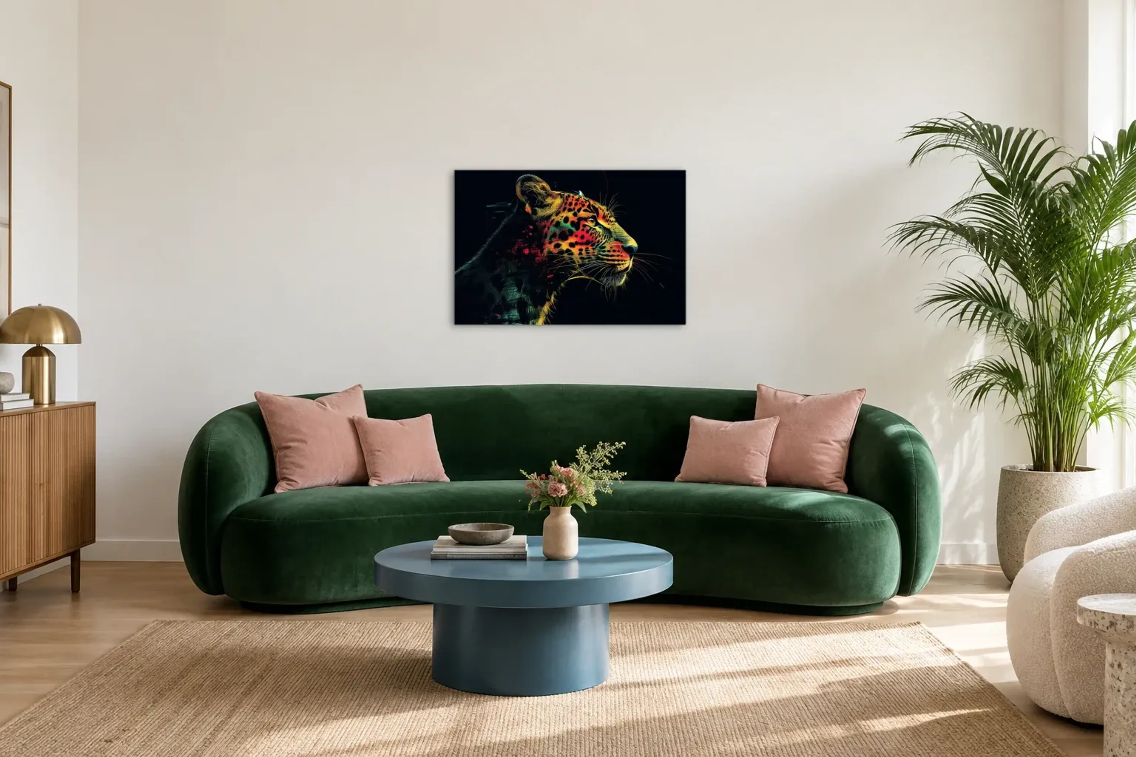 Leopard im Dunkeln als Wandbild über einem 220-cm-Sofa