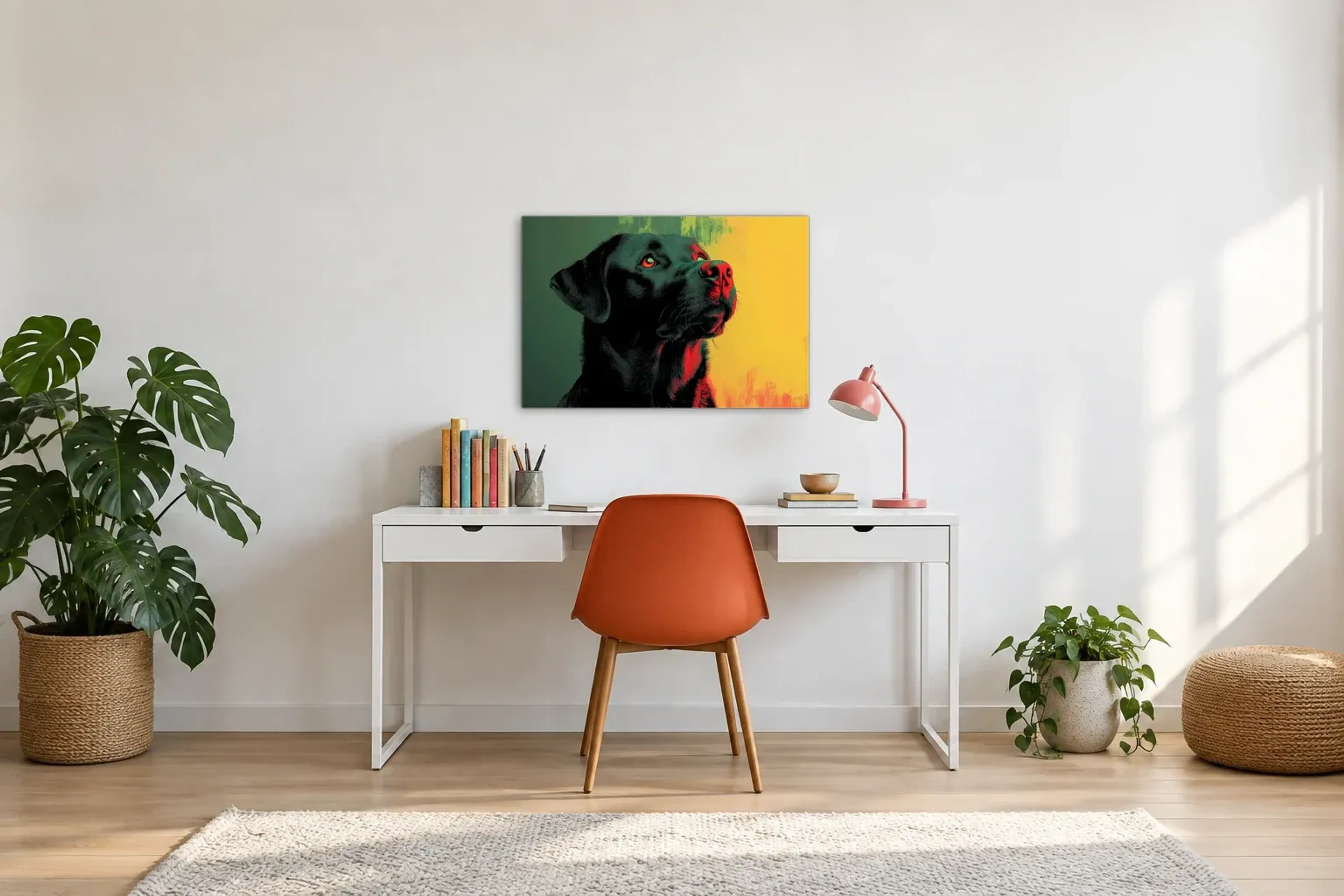 Labrador im Farbkontrast als Wandbild über einem 140-cm-Schreibtisch
