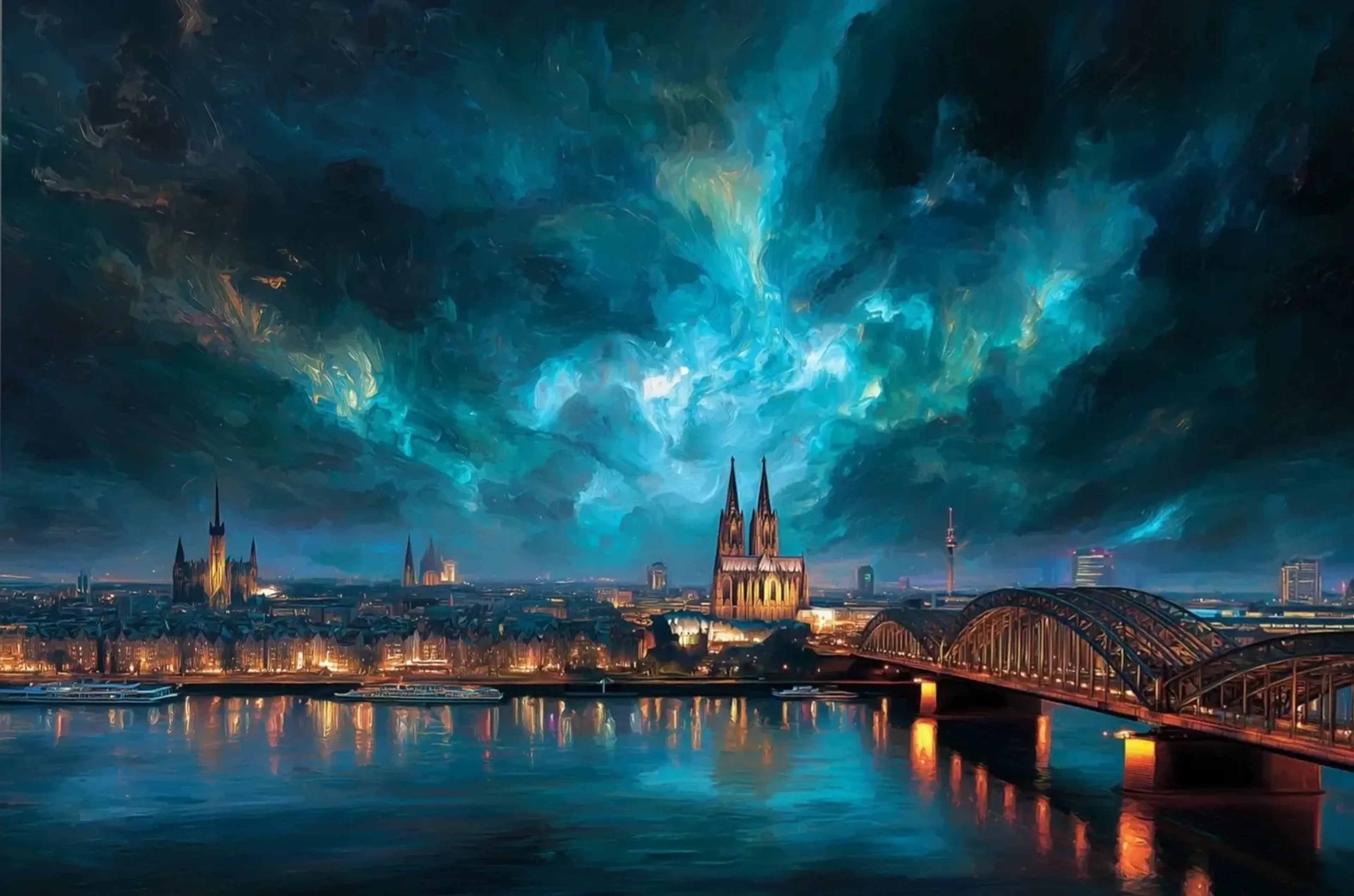 Wolkenwirbel über Köln – Motiv als Wandbild auf Holz