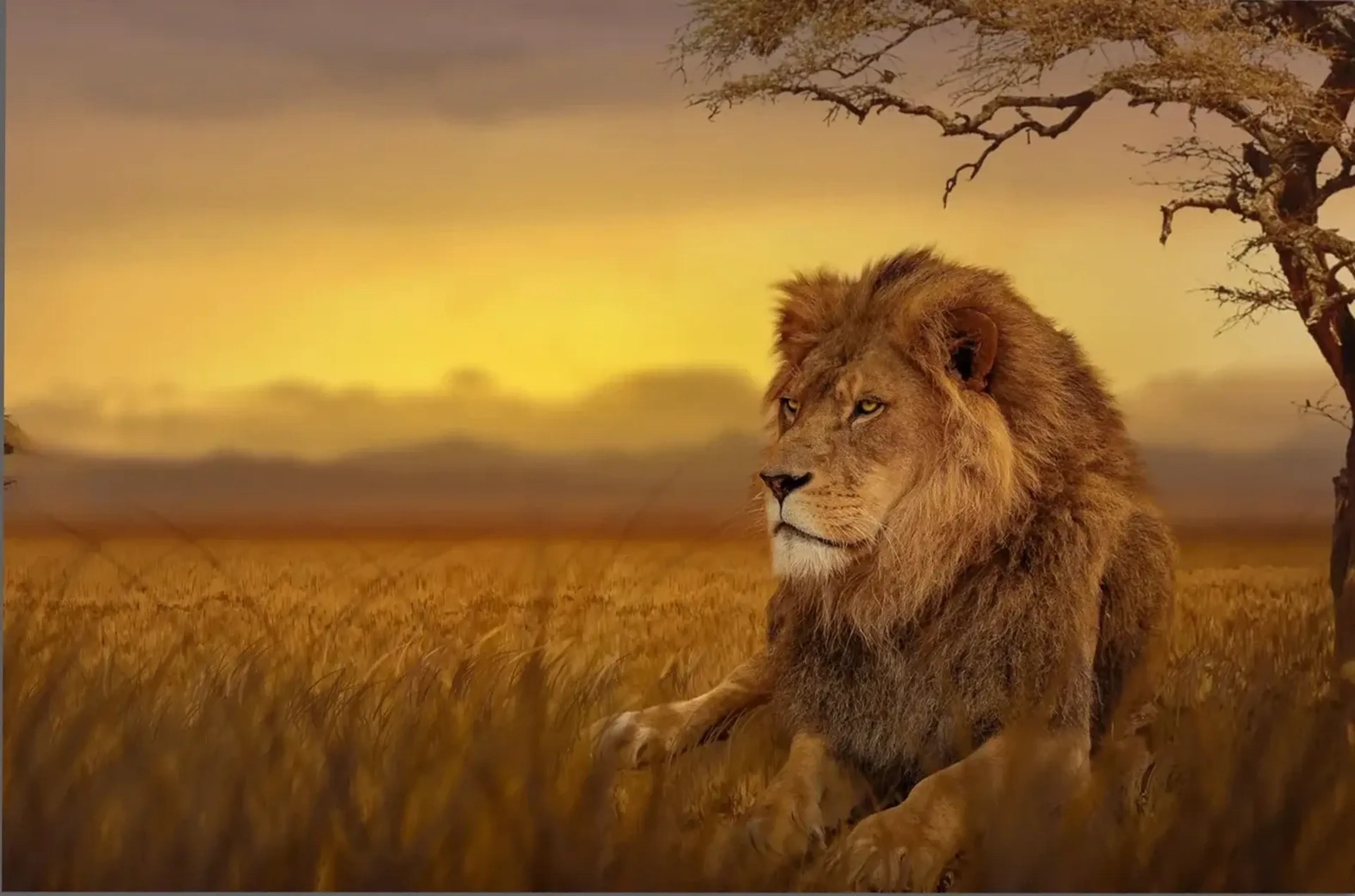 Ruhender Löwe im goldgelben Savannengras unter warm leuchtendem Himmel, mit einem Baum am rechten Rand.