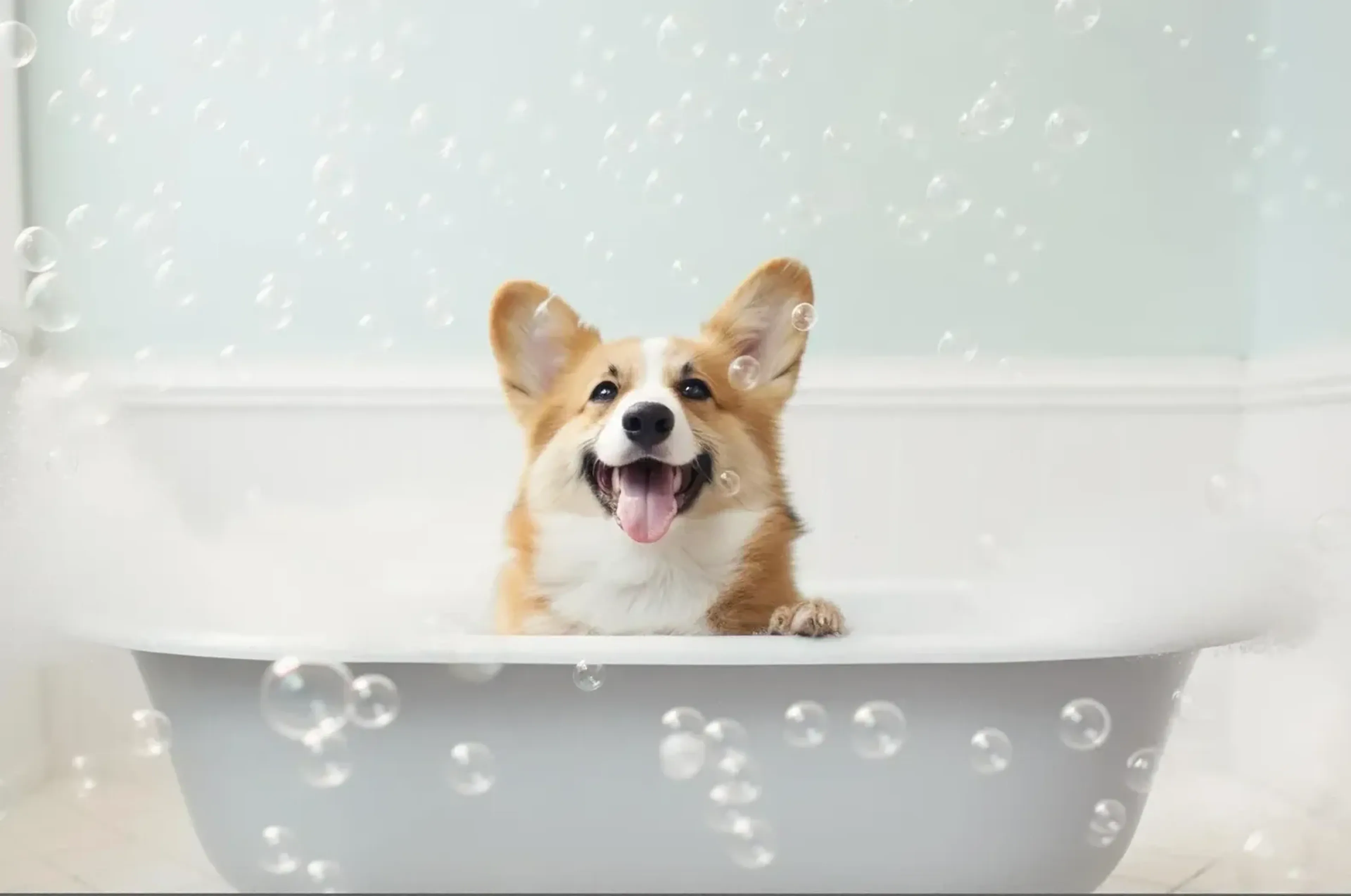 Ein braun-weißer Corgi sitzt mit heraushängender Zunge in einer weißen Badewanne vor einer mintfarbenen Wand.