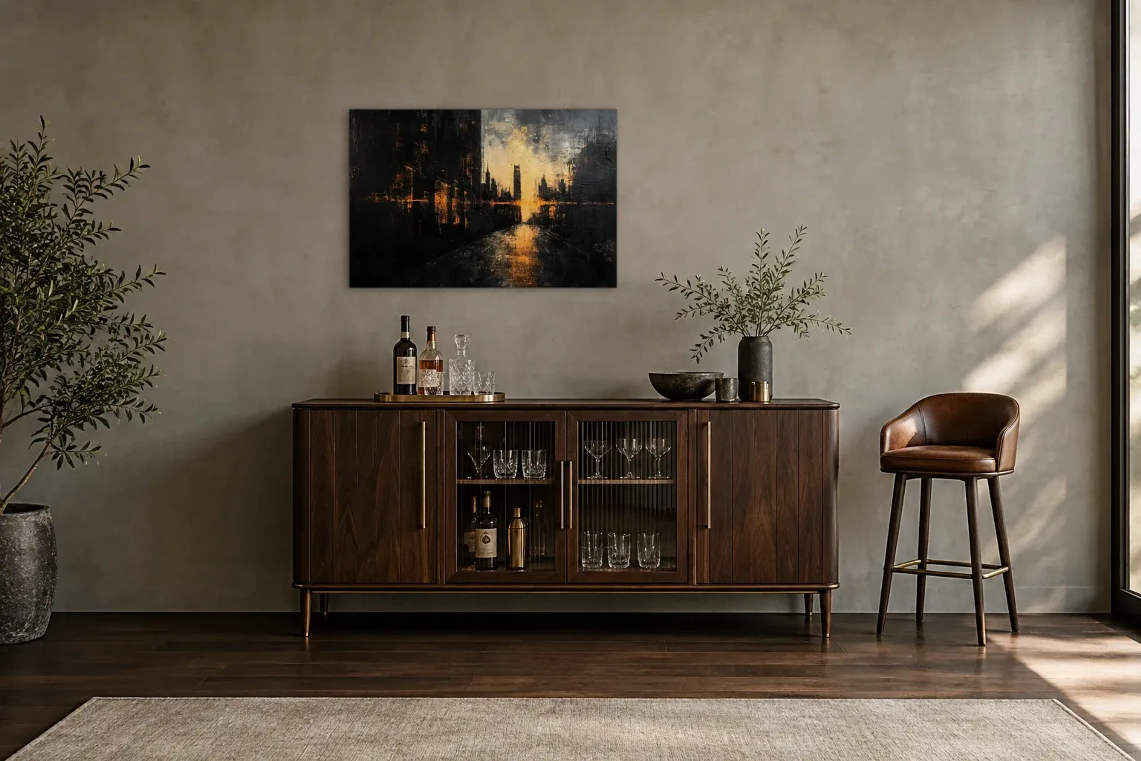 Stadt im Abendlicht als Wandbild über einem 150-cm-Barschrank
