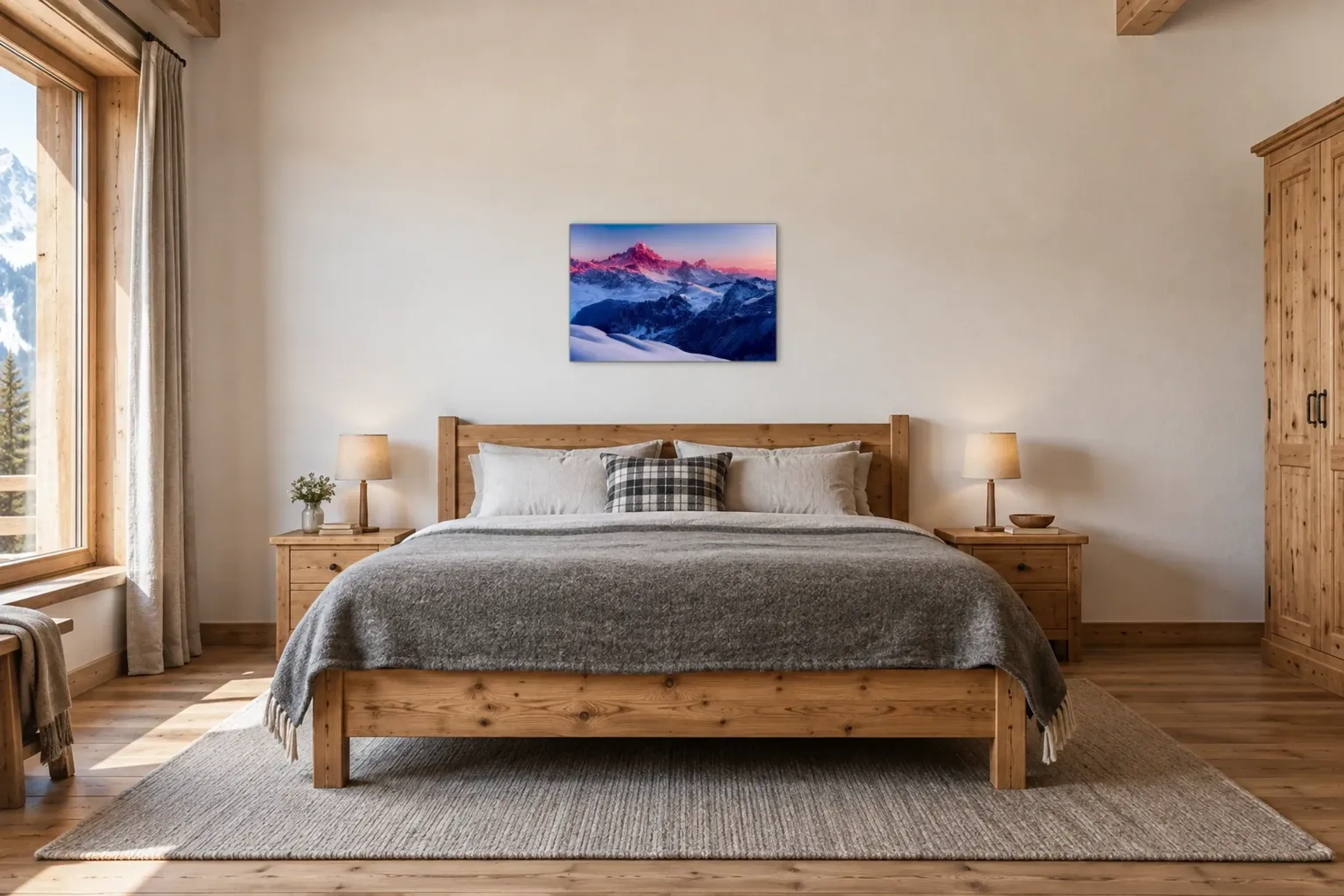 Gipfel im Rosa als Wandbild über einem 180-cm-Bett