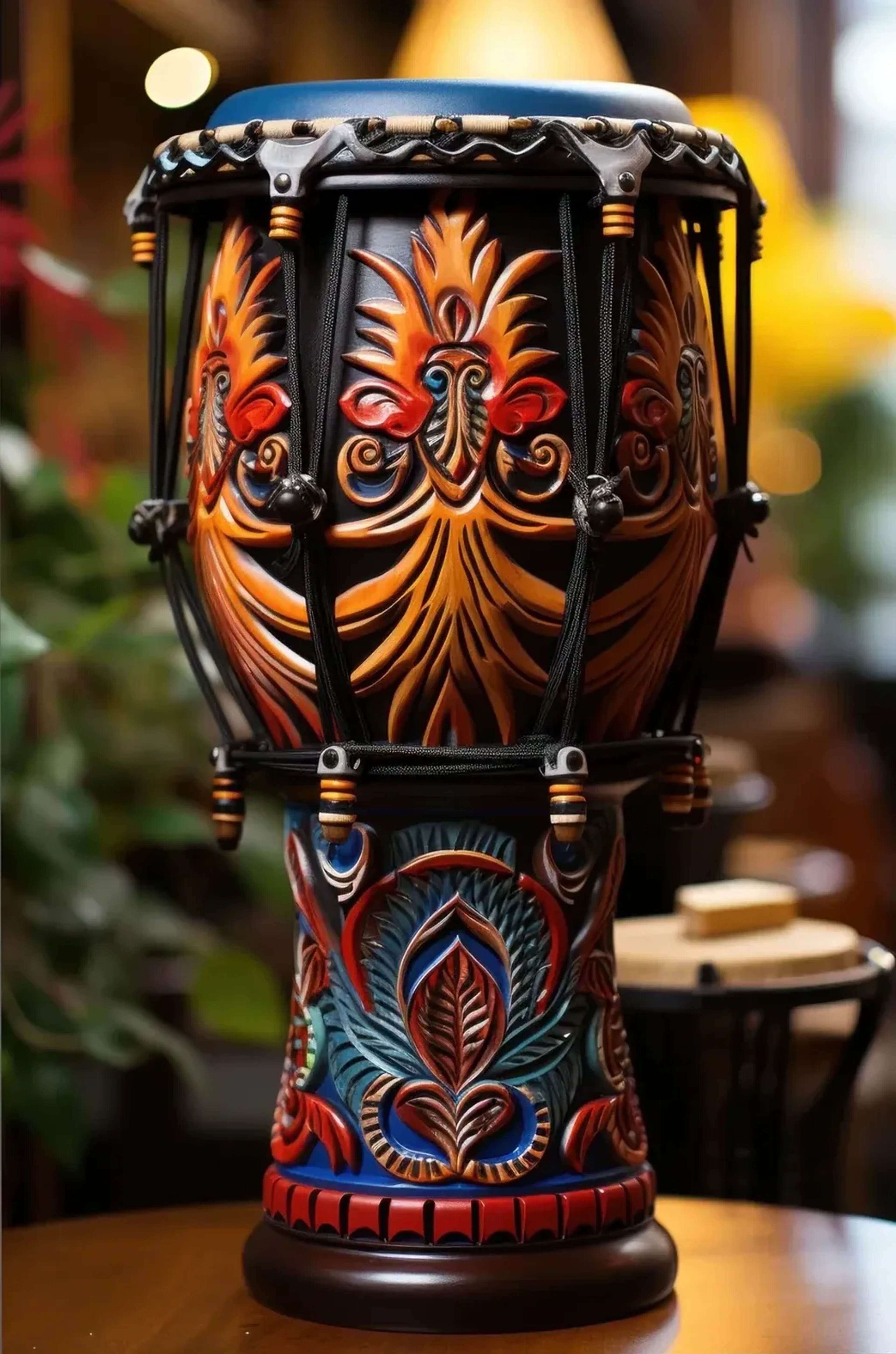 Trommel mit orangefarbenen, roten und blauen Ornamenten und schwarzen Spannschnüren im warmen Licht.