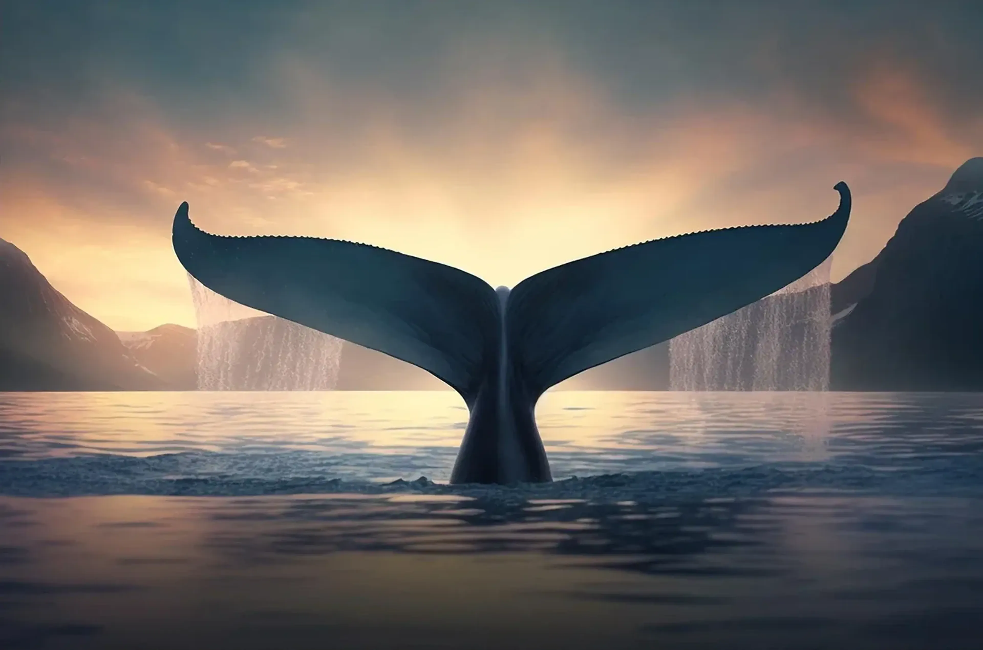 Eine Walflosse ragt vor bergigen Ufern aus dem Wasser, dahinter leuchtet der Himmel goldrosa.