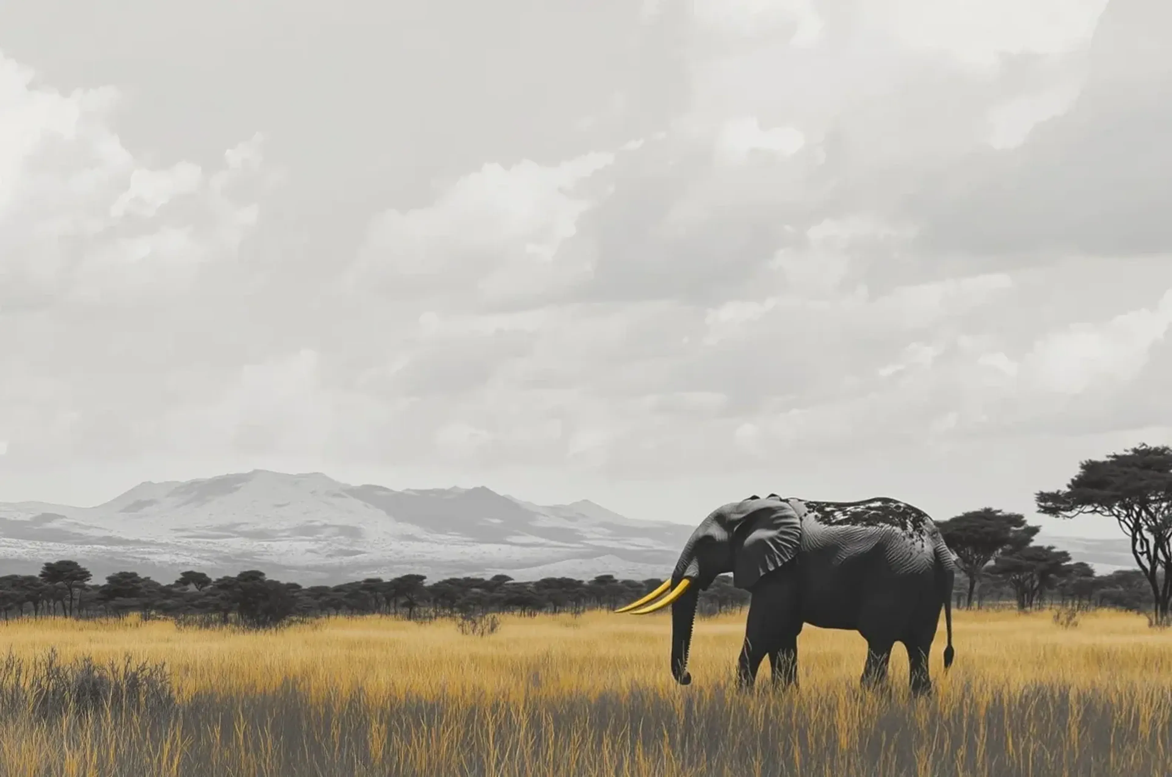 Elefant im goldenen Gras – Motiv als Wandbild auf Holz