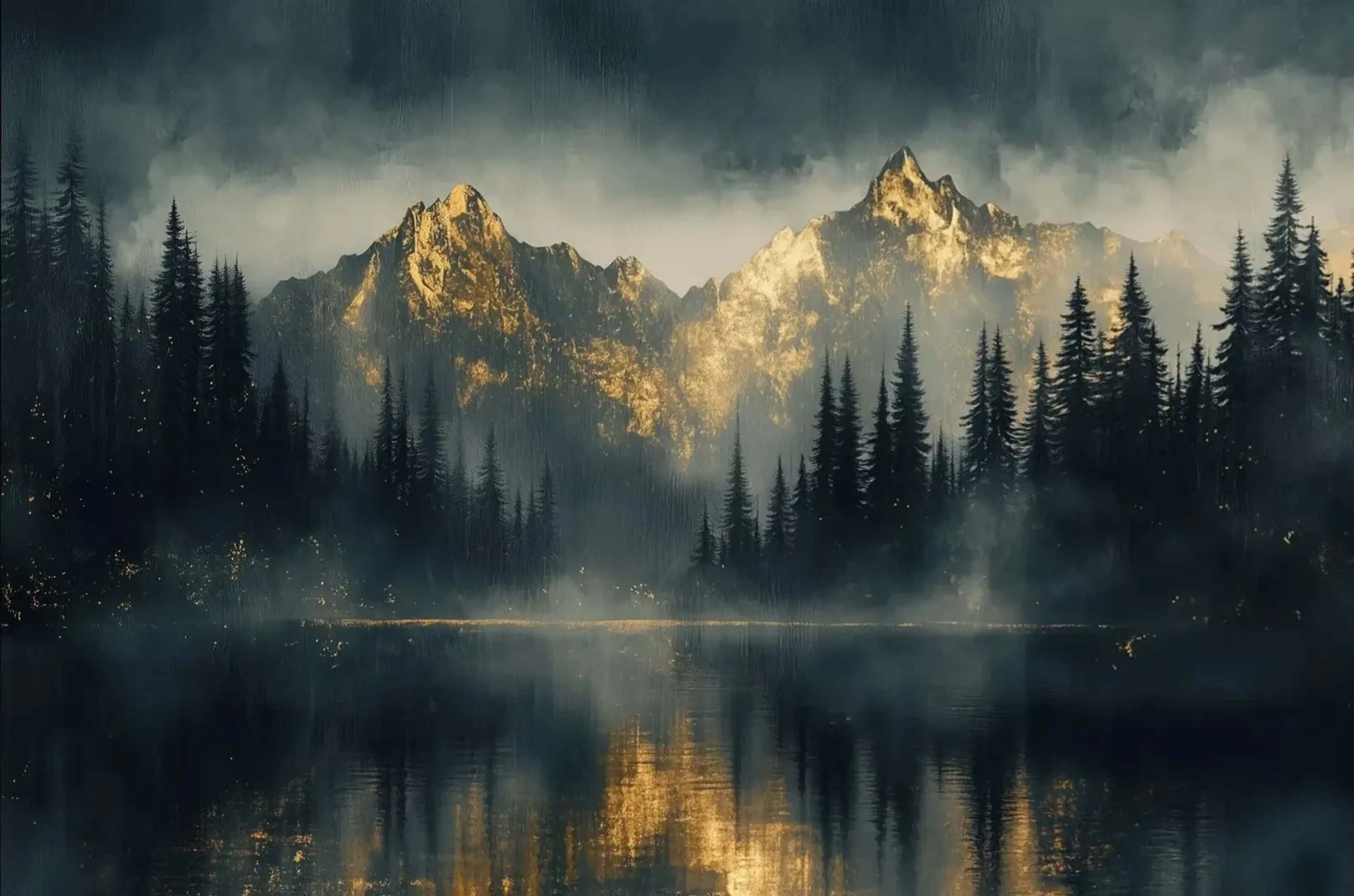 Goldfarben beleuchtete Berggipfel hinter dunklem Nadelwald und einem nebligen See mit Spiegelungen.