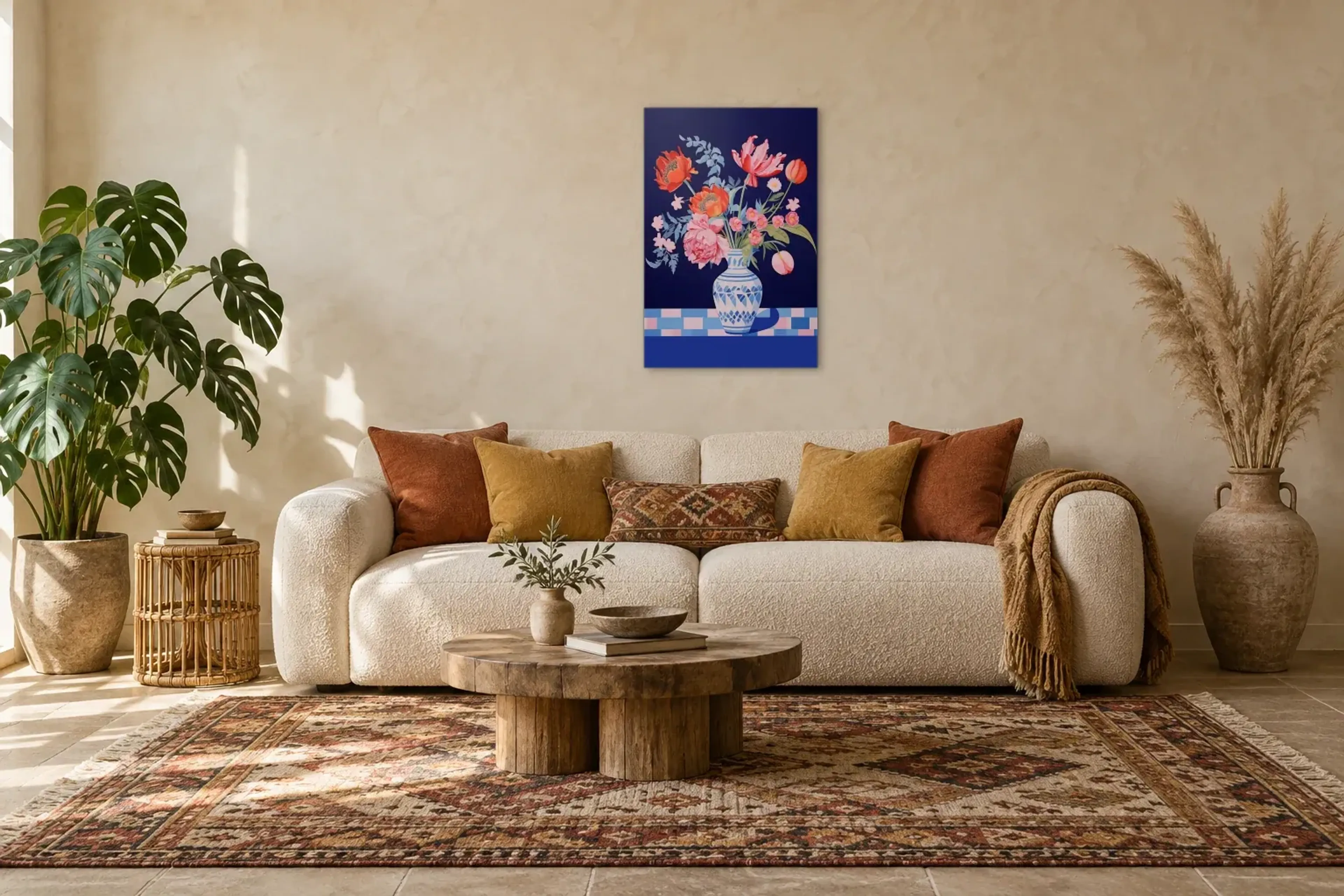 Blumen in blauer Vase als Wandbild über einem 220-cm-Sofa